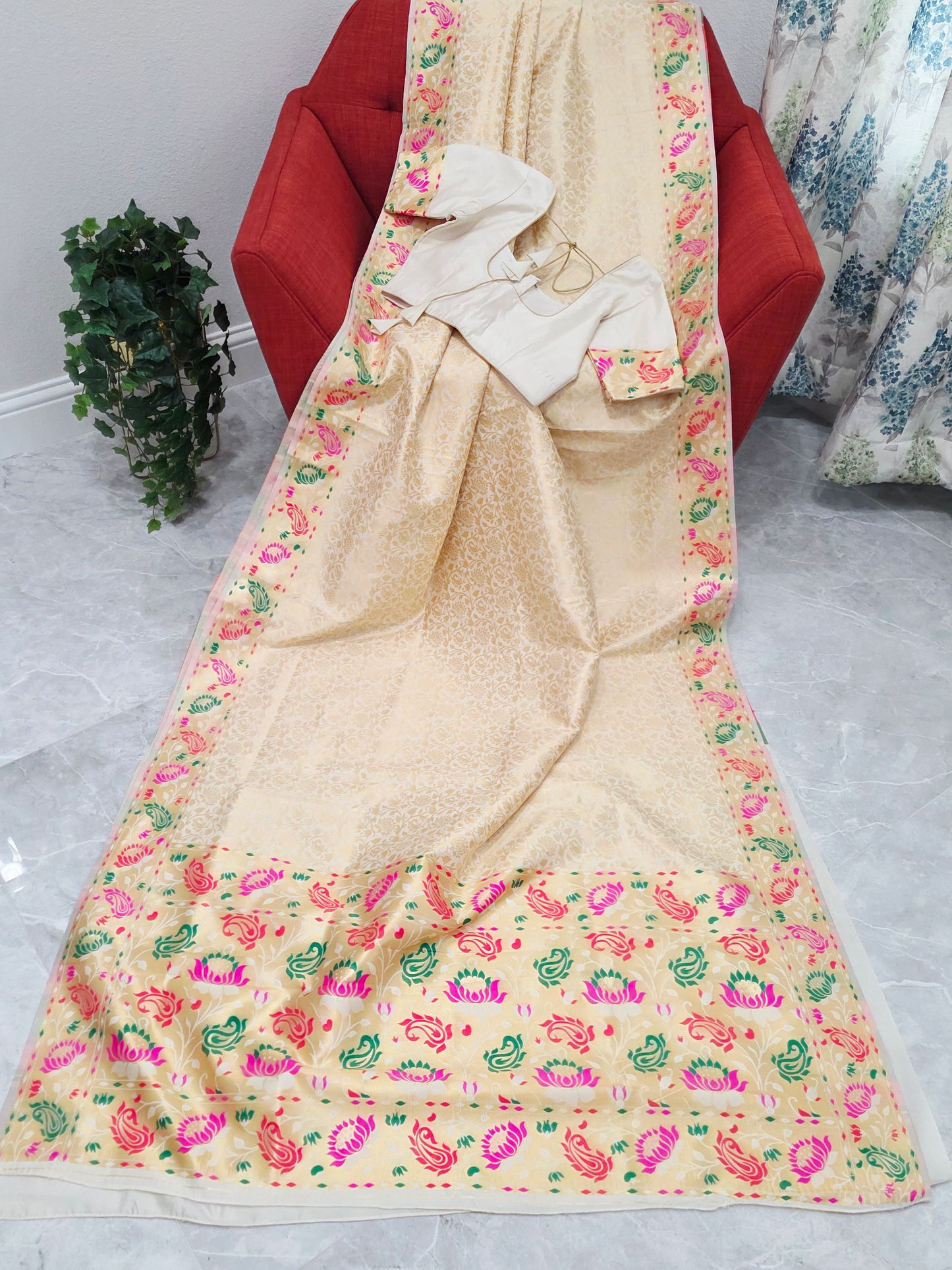 Brocade Banarasi Soft Silk Saree with Paithani Floral Border & Stitched Blouse