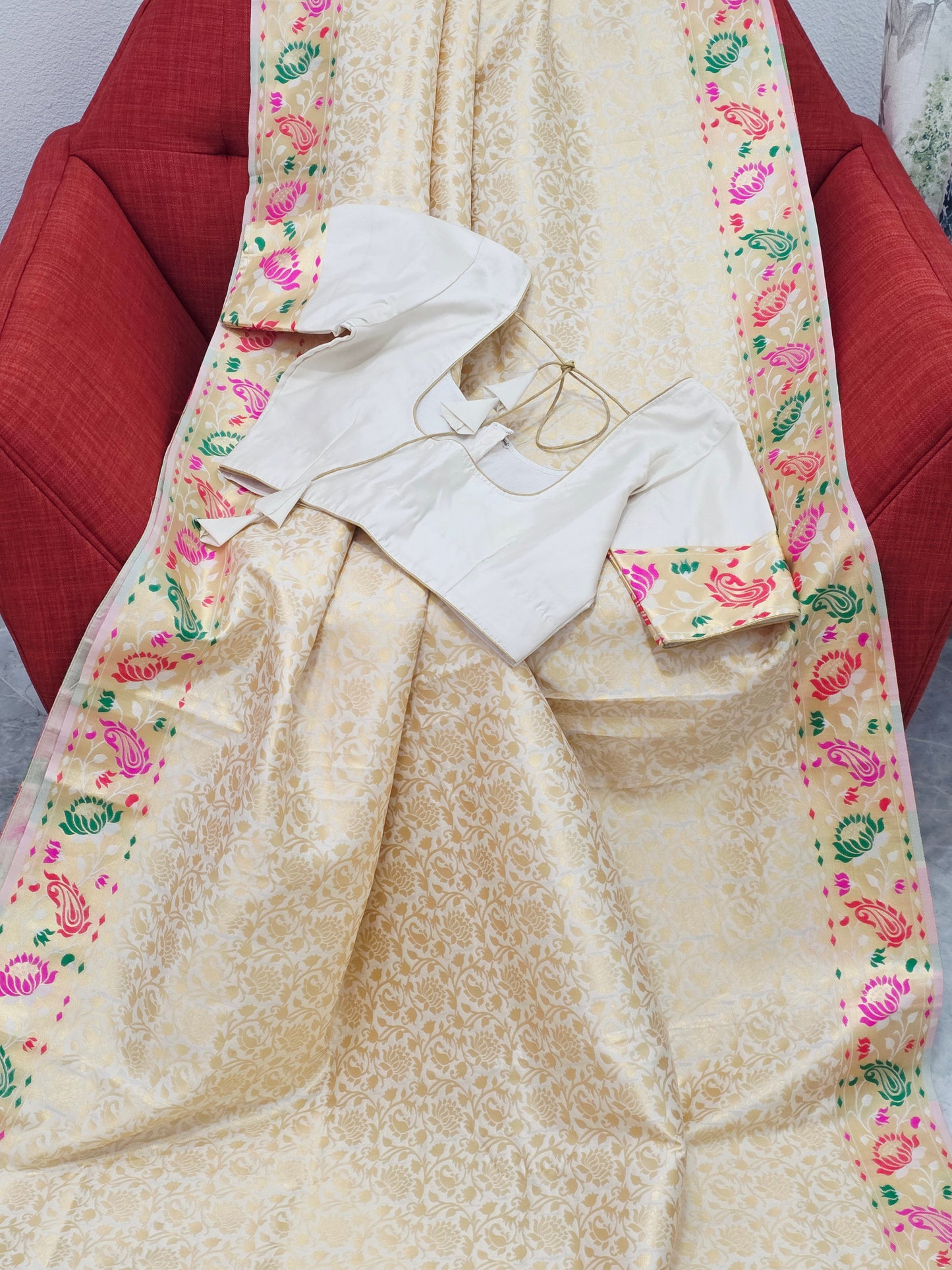 Brocade Banarasi Soft Silk Saree with Paithani Floral Border & Stitched Blouse