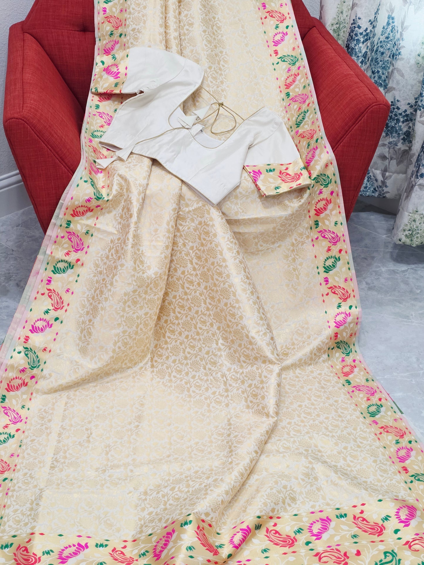 Brocade Banarasi Soft Silk Saree with Paithani Floral Border & Stitched Blouse