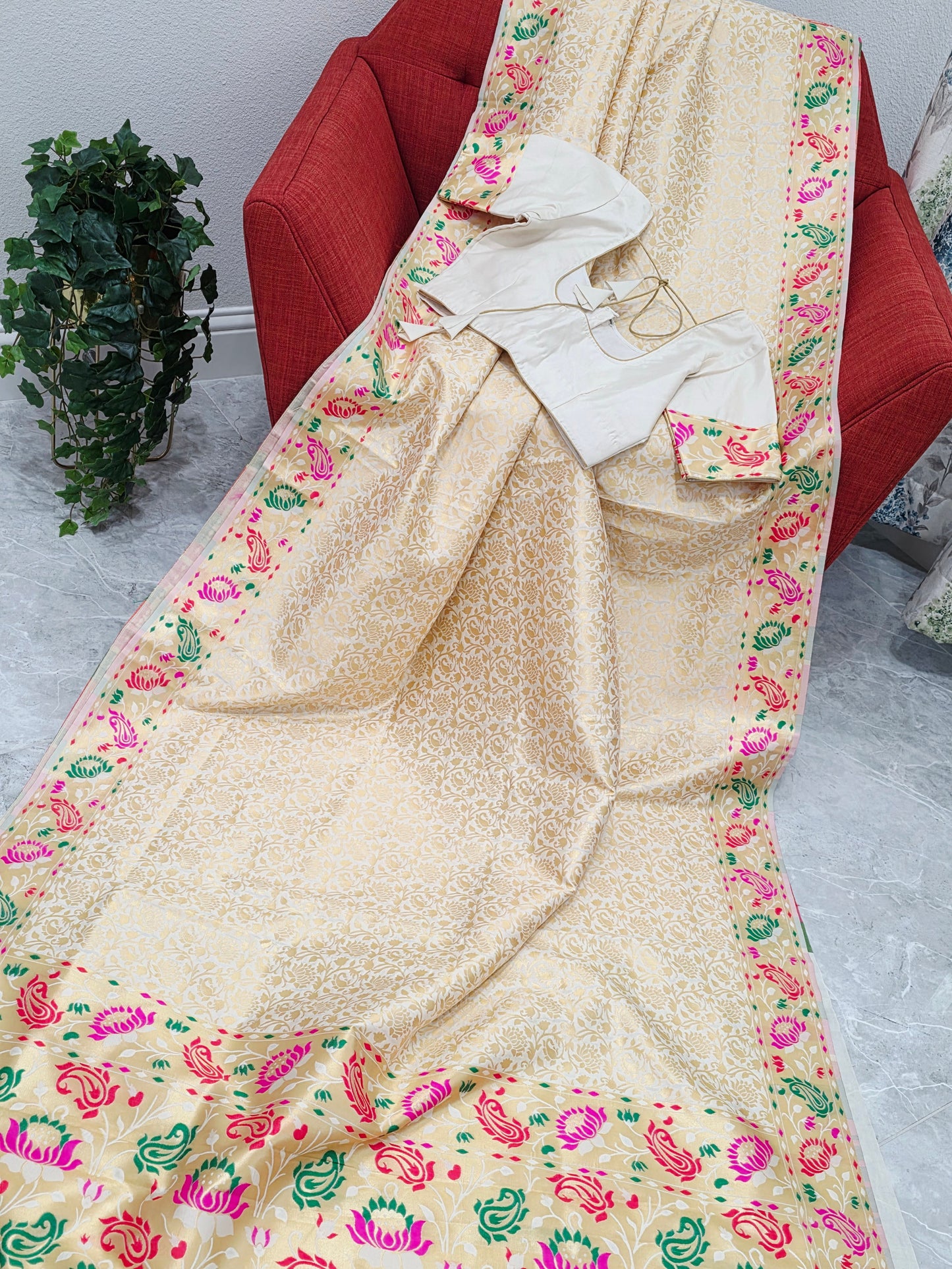 Brocade Banarasi Soft Silk Saree with Paithani Floral Border & Stitched Blouse