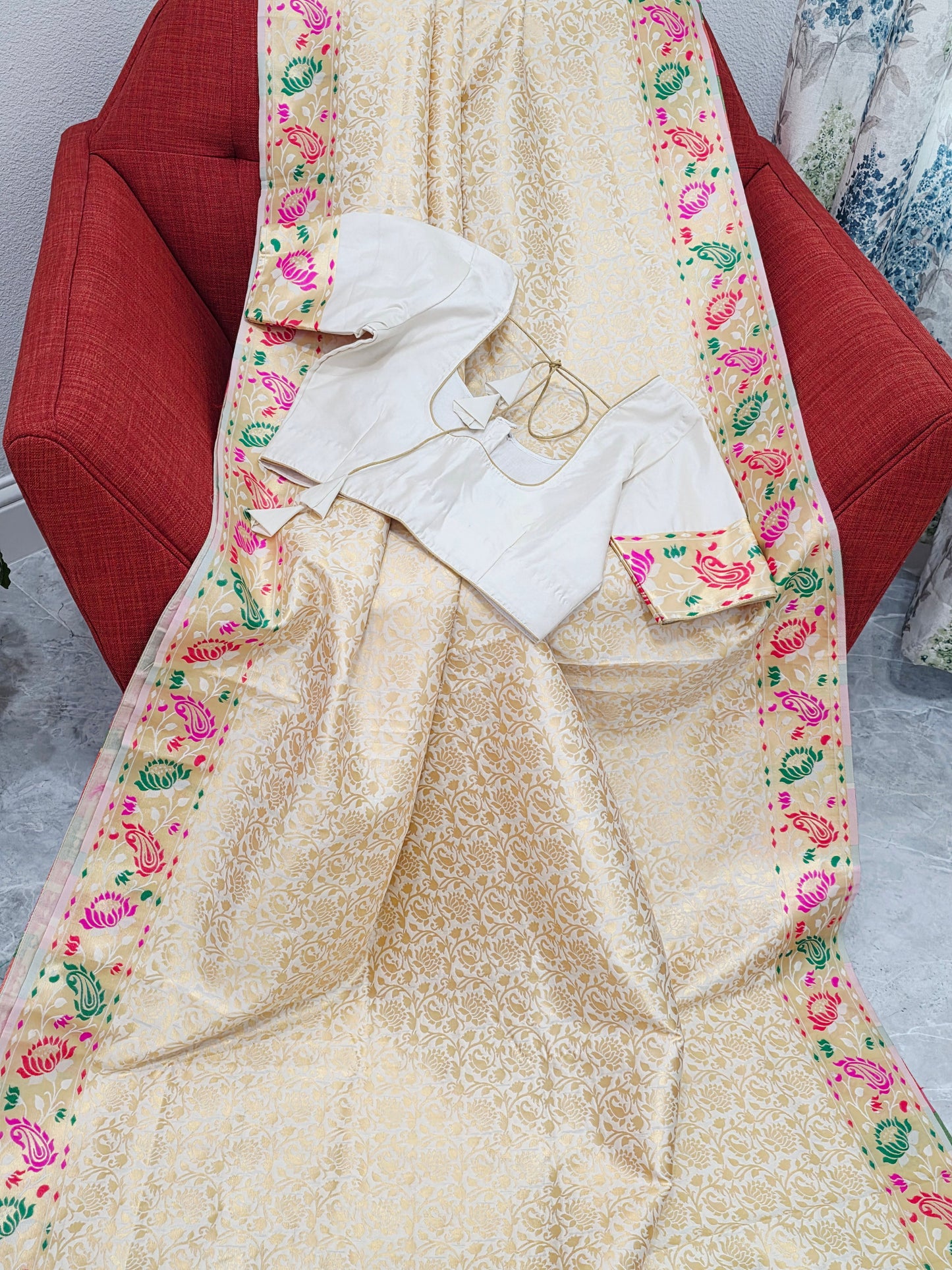 Brocade Banarasi Soft Silk Saree with Paithani Floral Border & Stitched Blouse