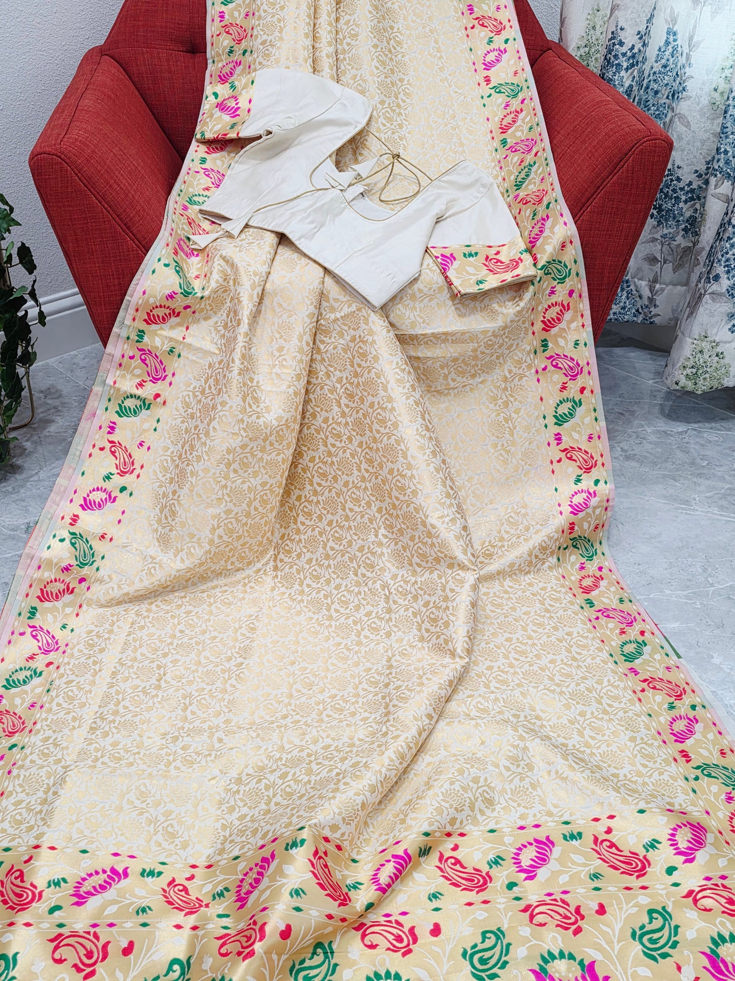 Brocade Banarasi Soft Silk Saree with Paithani Floral Border & Stitched Blouse