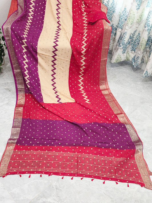 Shaded Chinon Chiffon Checkered Saree with Zari Border | Lightweight Party Wear | Blouse Piece Included