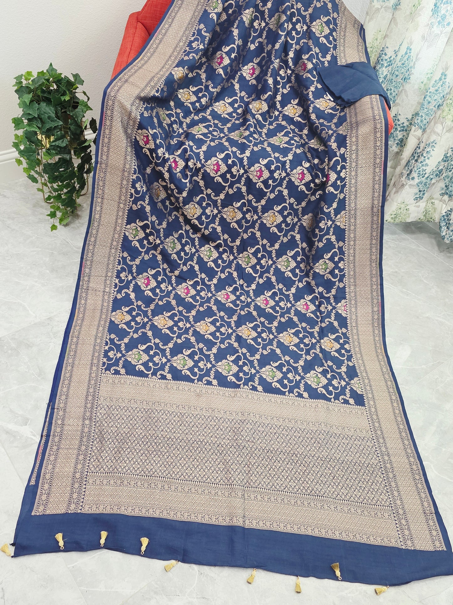 Royal Navy Blue Pure Tussar Georgette Saree with Rawsilk Maggam Work Blouse