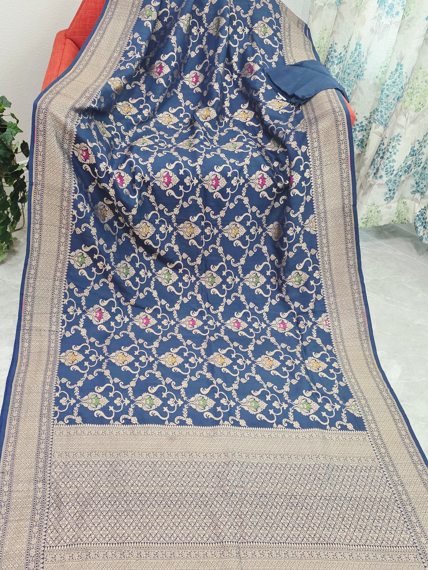 Royal Navy Blue Pure Tussar Georgette Saree