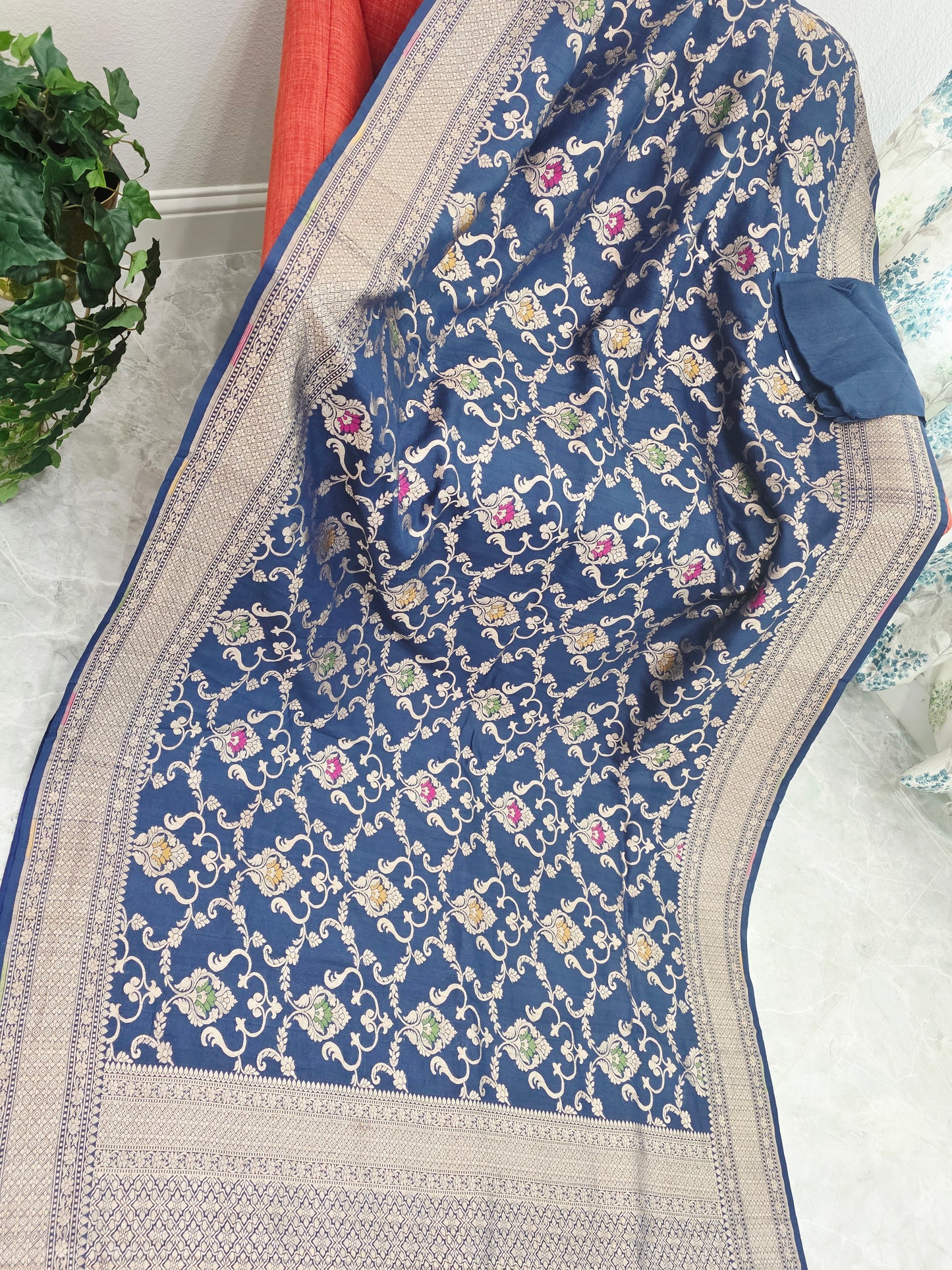 Royal Navy Blue Pure Tussar Georgette Saree with Rawsilk Maggam Work Blouse