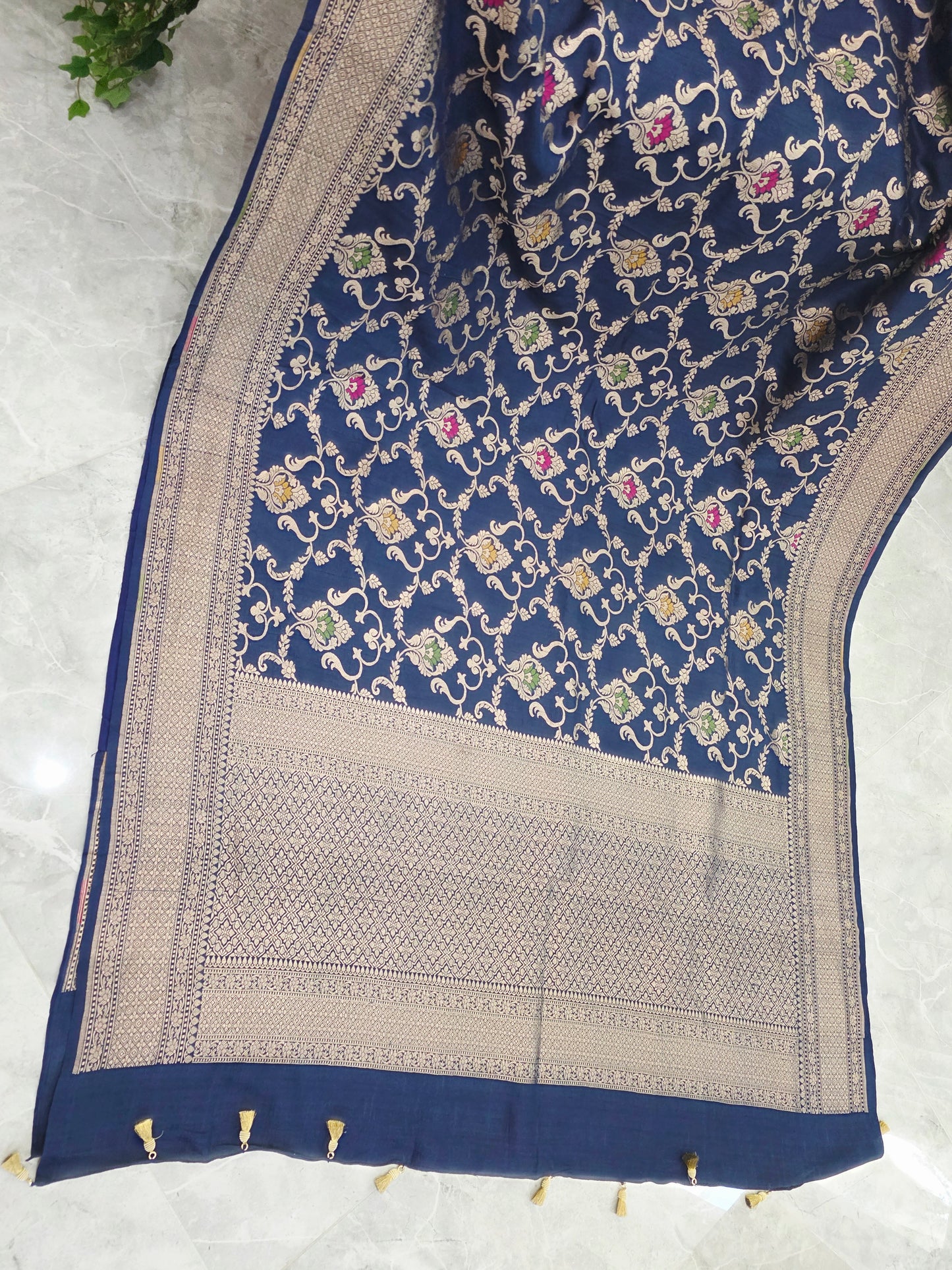 Royal Navy Blue Pure Tussar Georgette Saree with Rawsilk Maggam Work Blouse