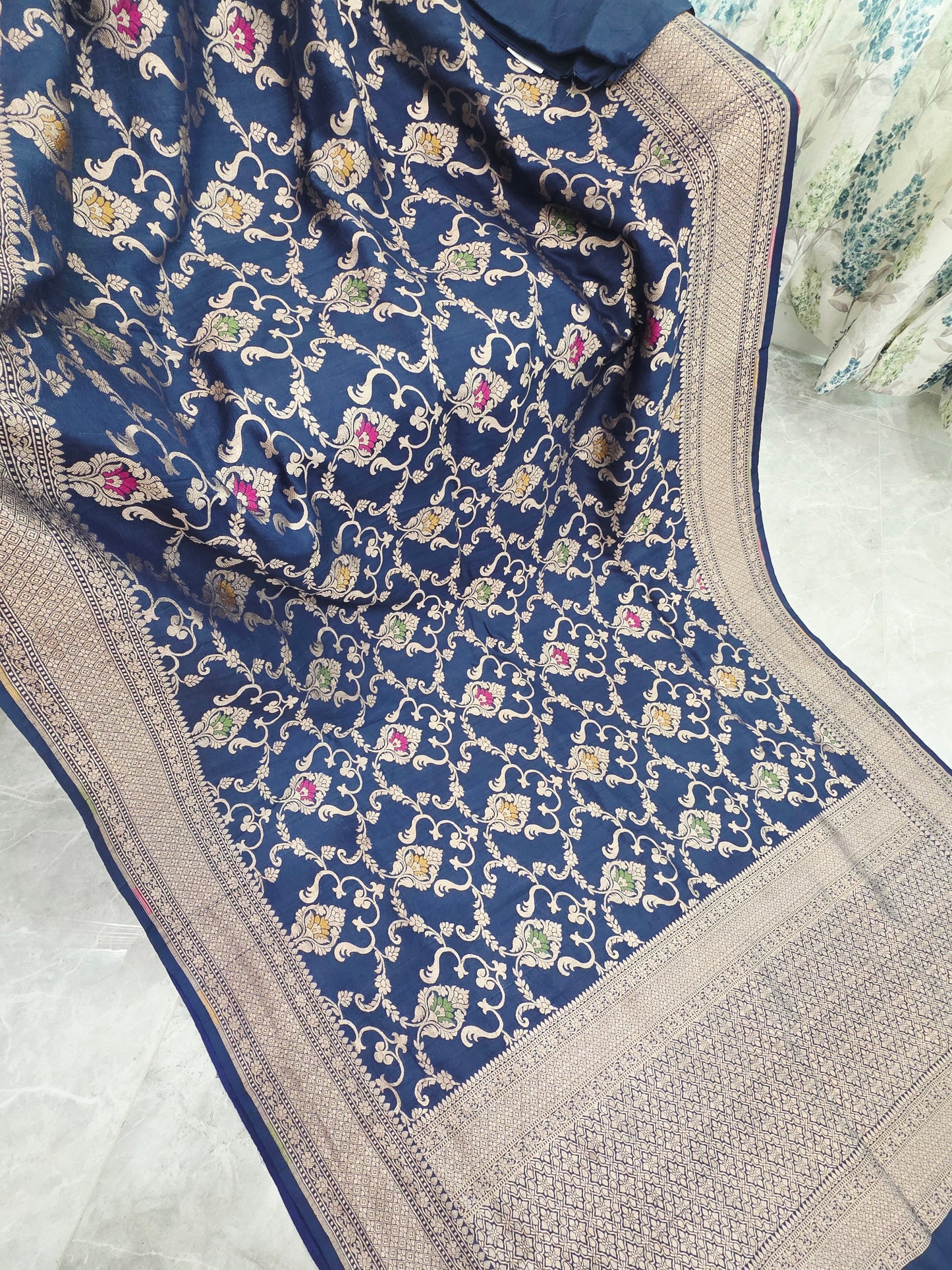 Royal Navy Blue Pure Tussar Georgette Saree with Rawsilk Maggam Work Blouse