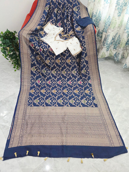 Royal Navy Blue Pure Tussar Georgette Saree with Rawsilk Maggam Work Blouse