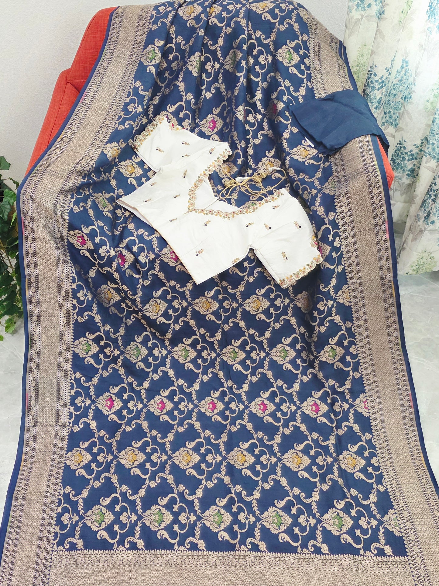 Royal Navy Blue Pure Tussar Georgette Saree with Rawsilk Maggam Work Blouse