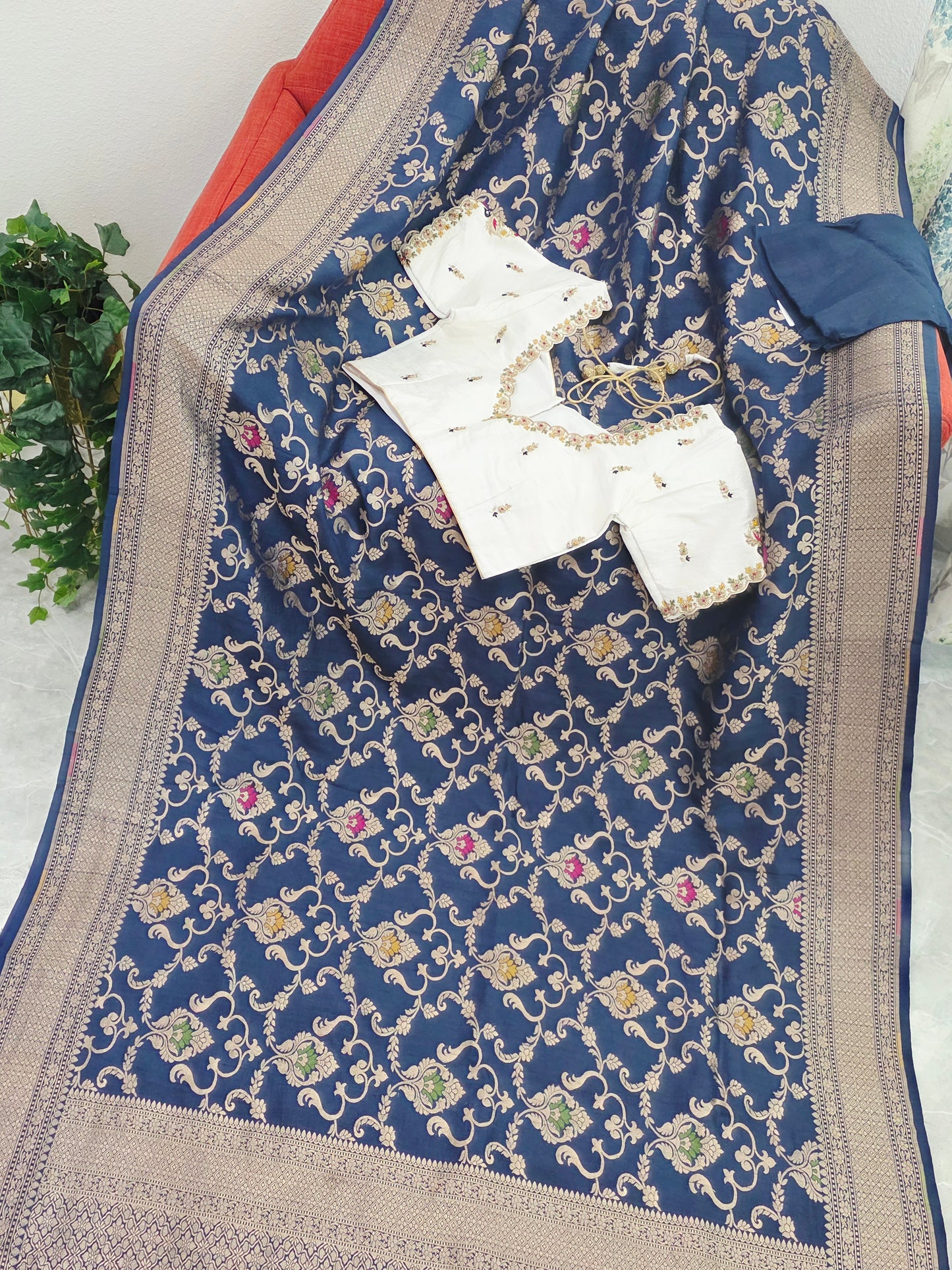 Royal Navy Blue Pure Tussar Georgette Saree with Rawsilk Maggam Work Blouse