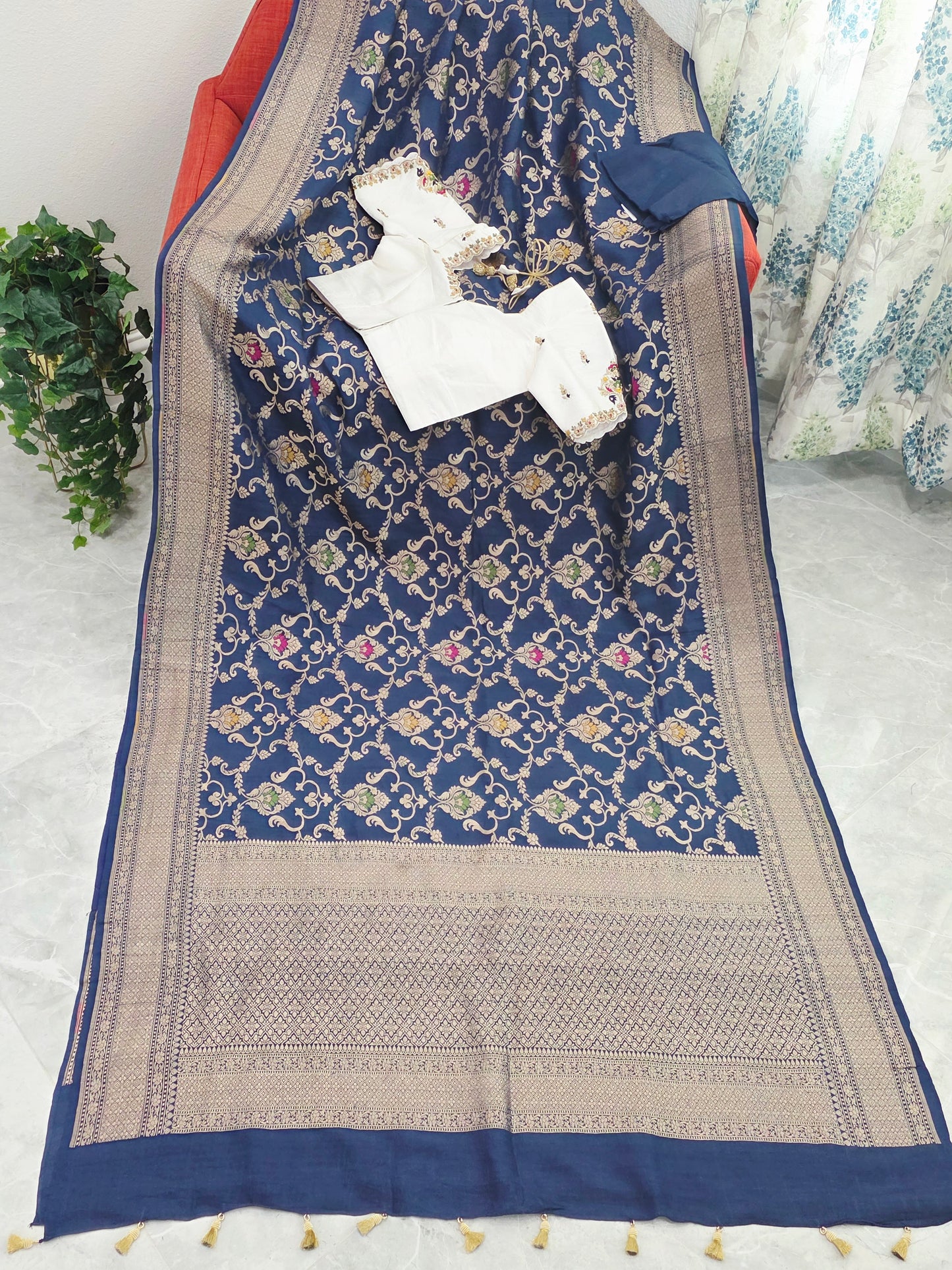 Royal Navy Blue Pure Tussar Georgette Saree with Rawsilk Maggam Work Blouse