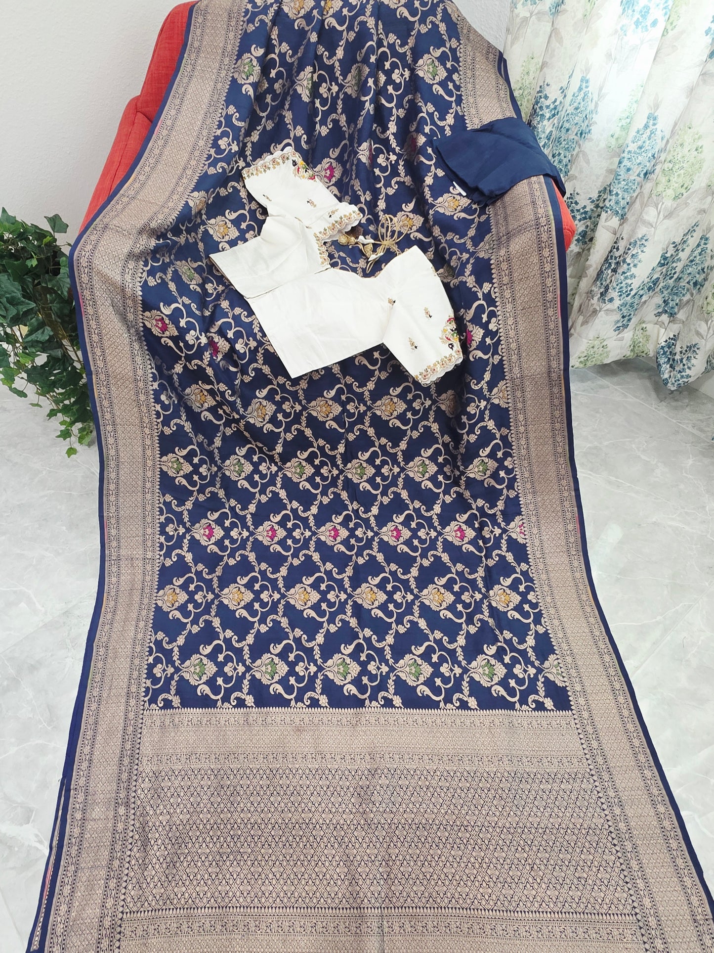 Royal Navy Blue Pure Tussar Georgette Saree with Rawsilk Maggam Work Blouse