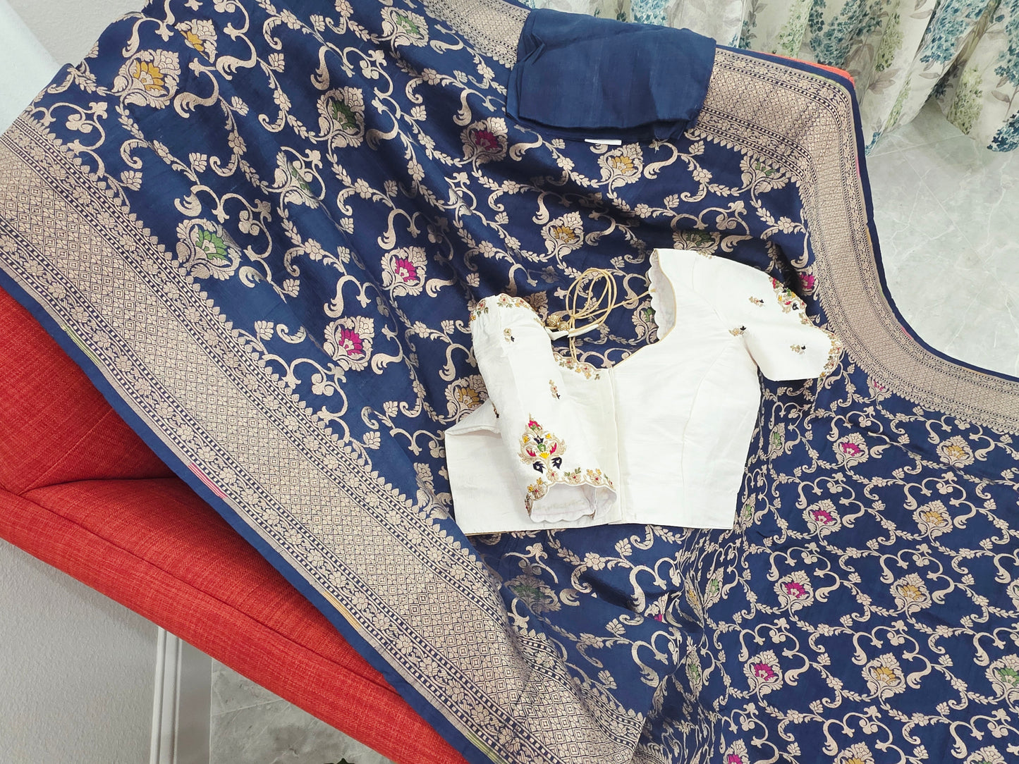Royal Navy Blue Pure Tussar Georgette Saree with Rawsilk Maggam Work Blouse