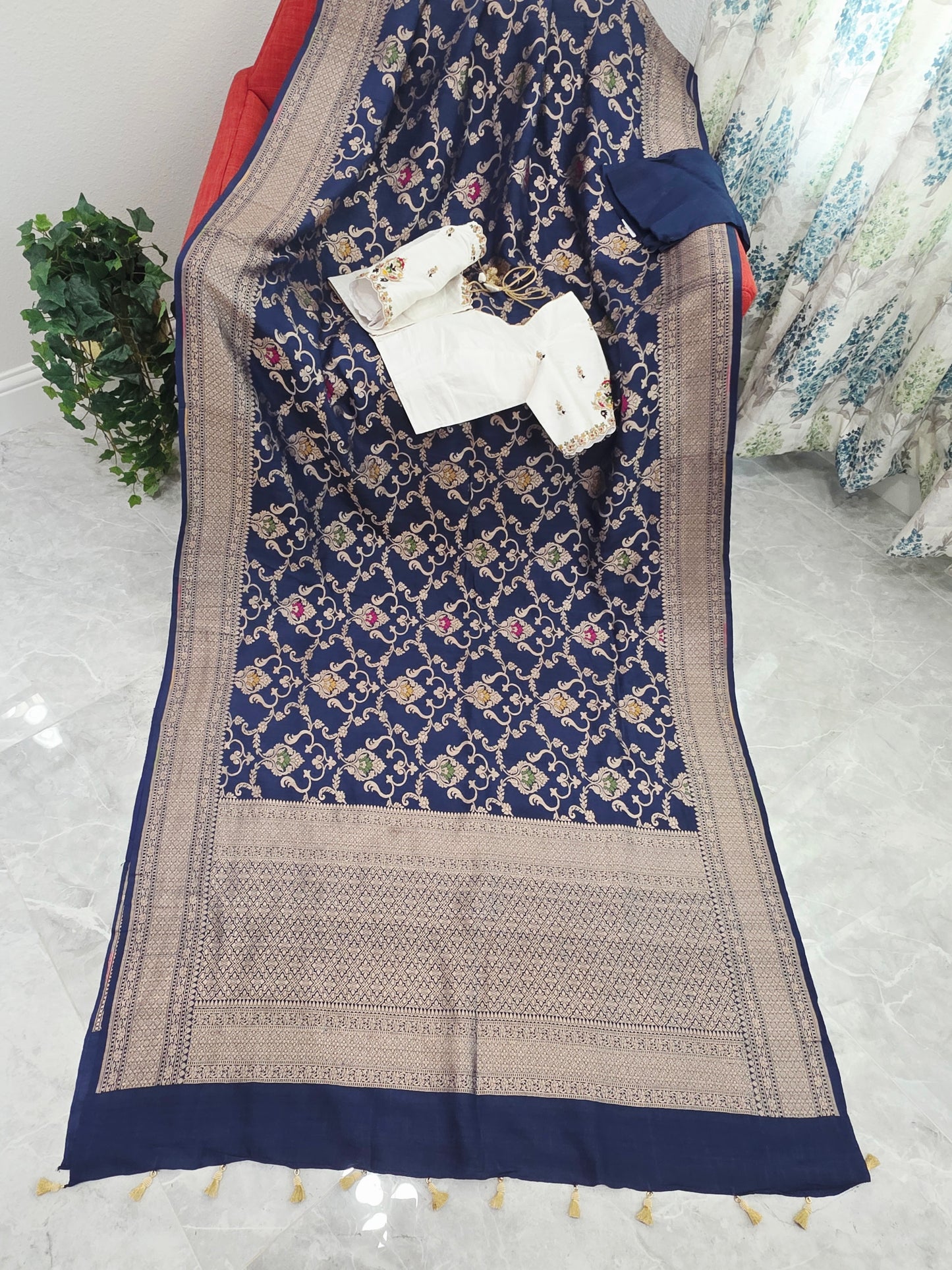 Royal Navy Blue Pure Tussar Georgette Saree with Rawsilk Maggam Work Blouse