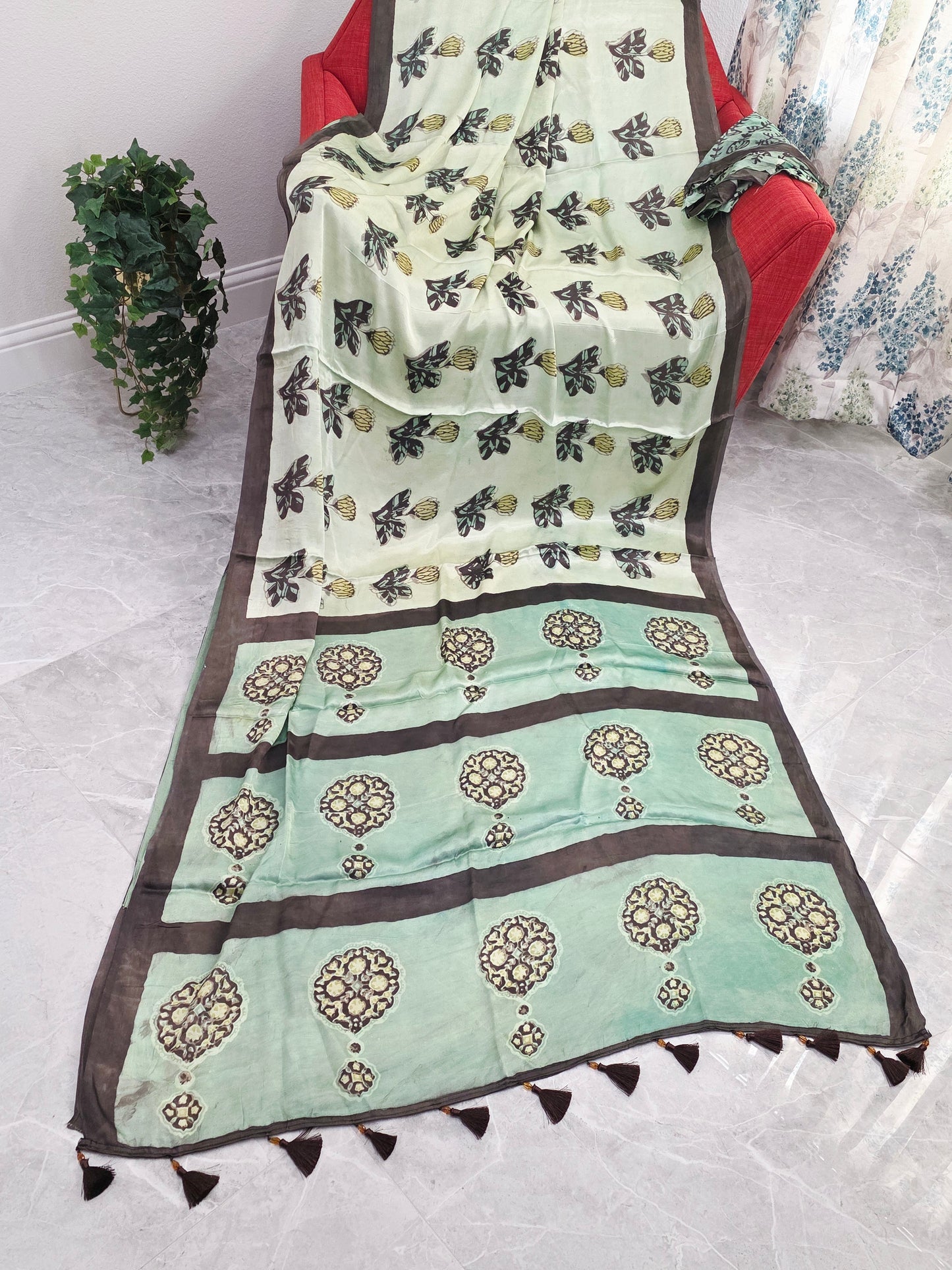Celadon Sage Elegance Ajrakh Print Soft Satin Modal Saree with Mocha Brown Border | Blouse Piece Included