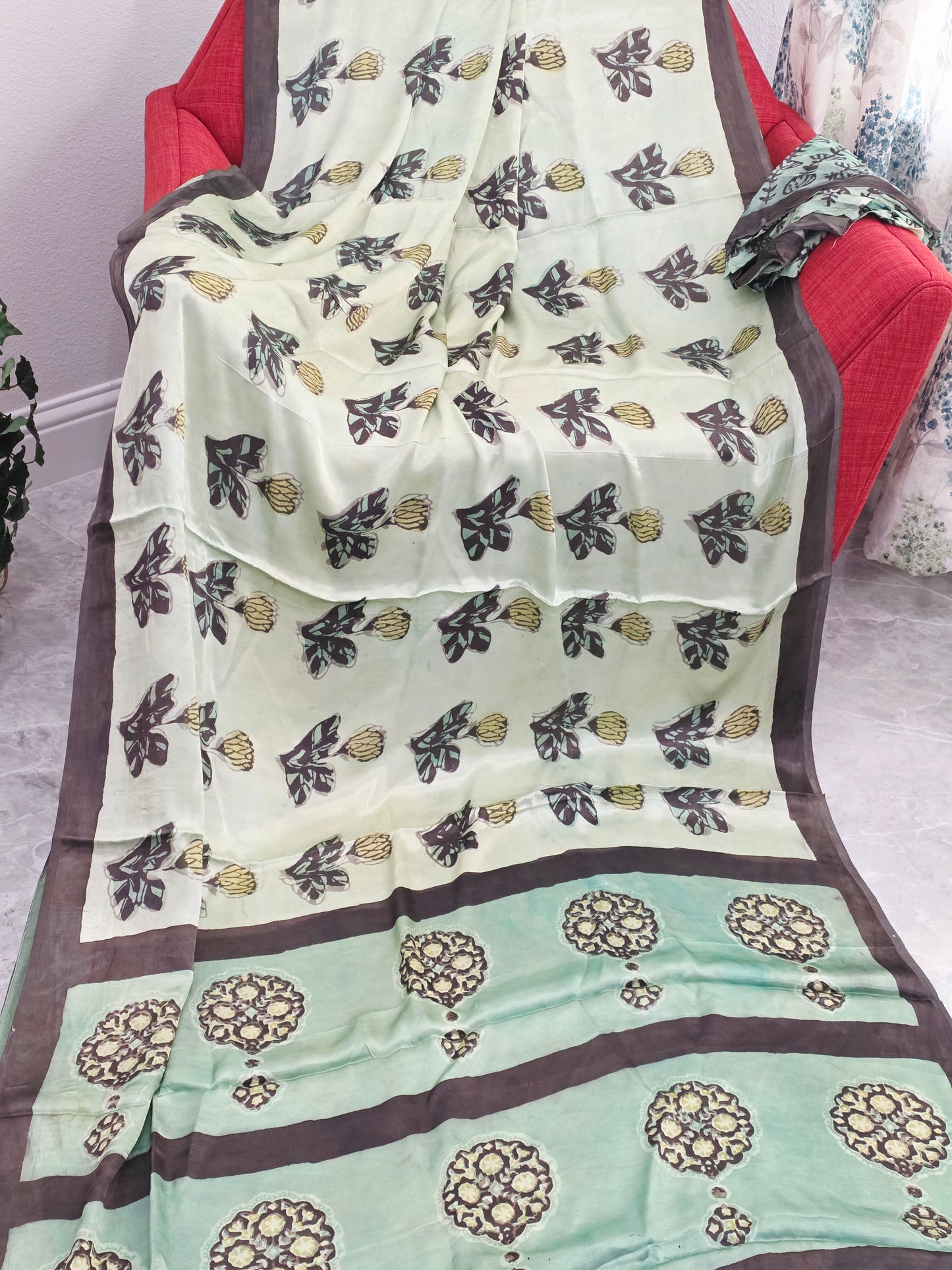 Celadon Sage Elegance Ajrakh Print Soft Satin Modal Saree with Mocha Brown Border | Blouse Piece Included