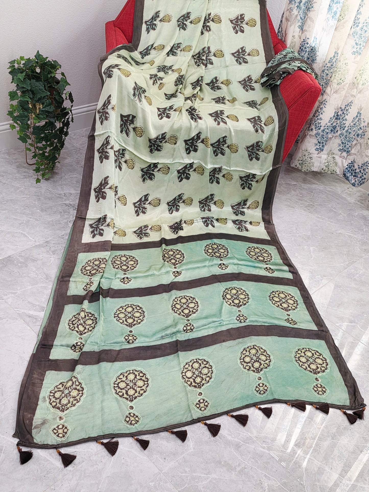 Celadon Sage Elegance Ajrakh Print Soft Satin Modal Saree with Mocha Brown Border | Blouse Piece Included