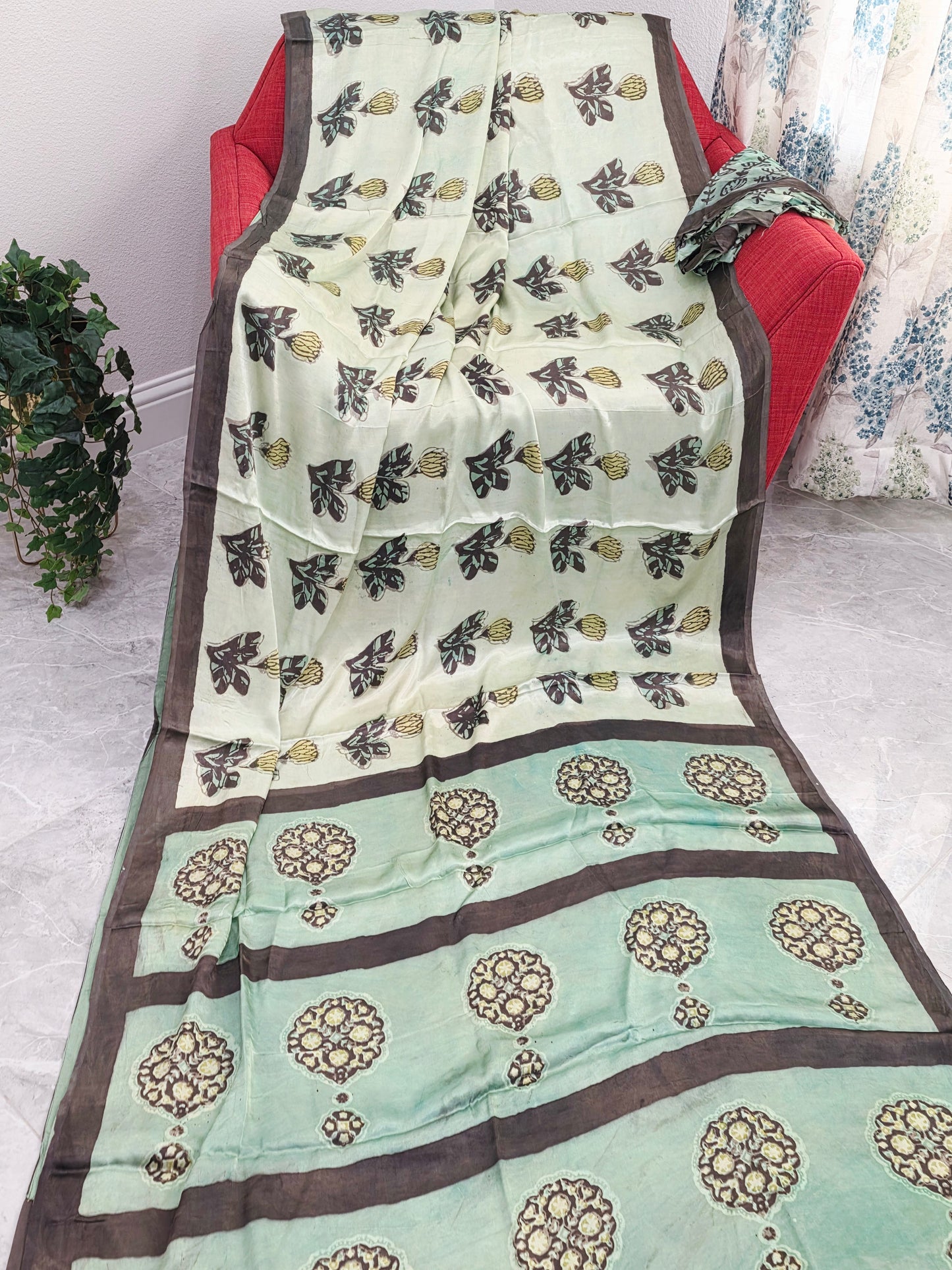 Celadon Sage Elegance Ajrakh Print Soft Satin Modal Saree with Mocha Brown Border | Blouse Piece Included