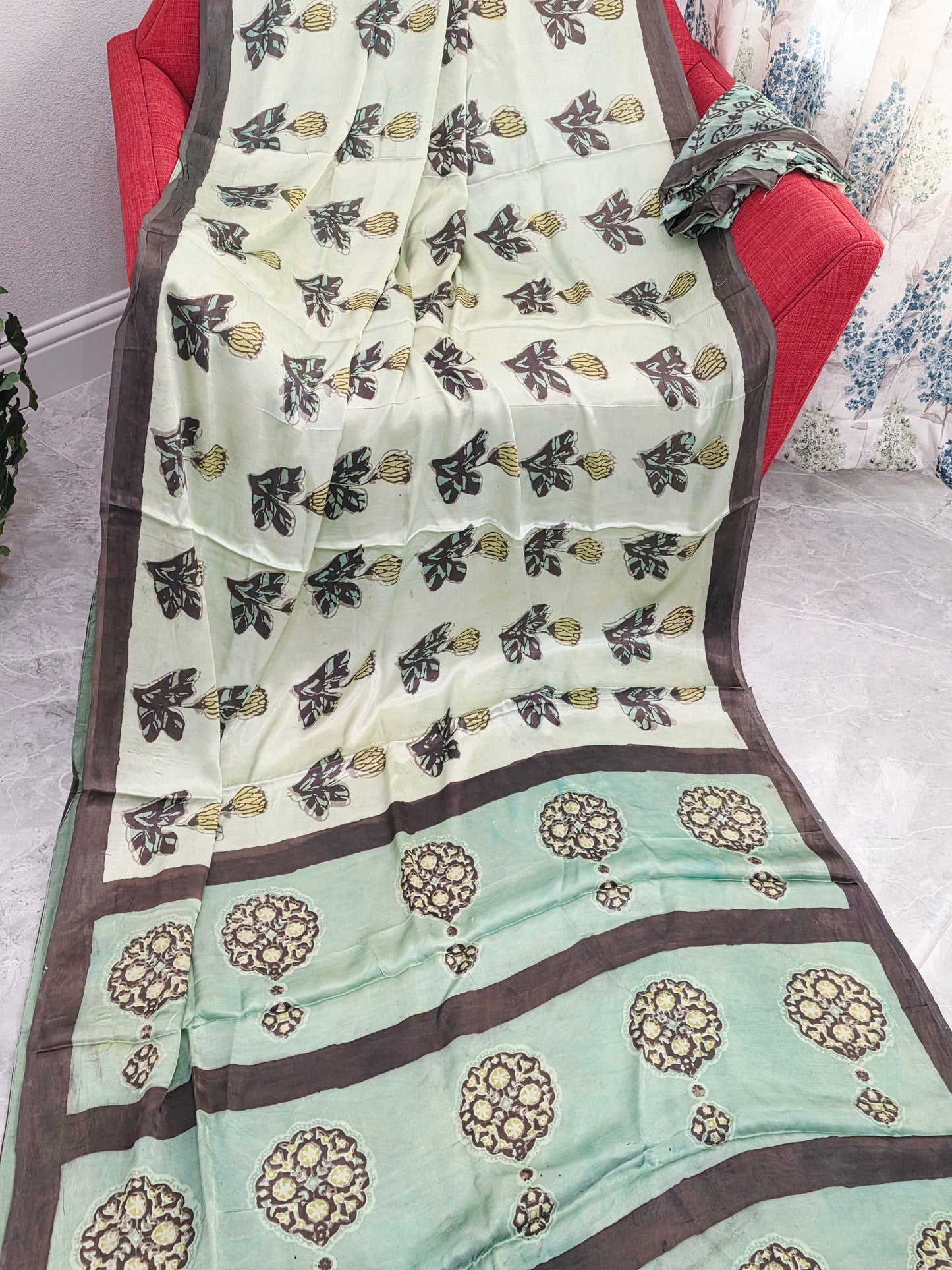 Celadon Sage Elegance Ajrakh Print Soft Satin Modal Saree with Mocha Brown Border | Blouse Piece Included