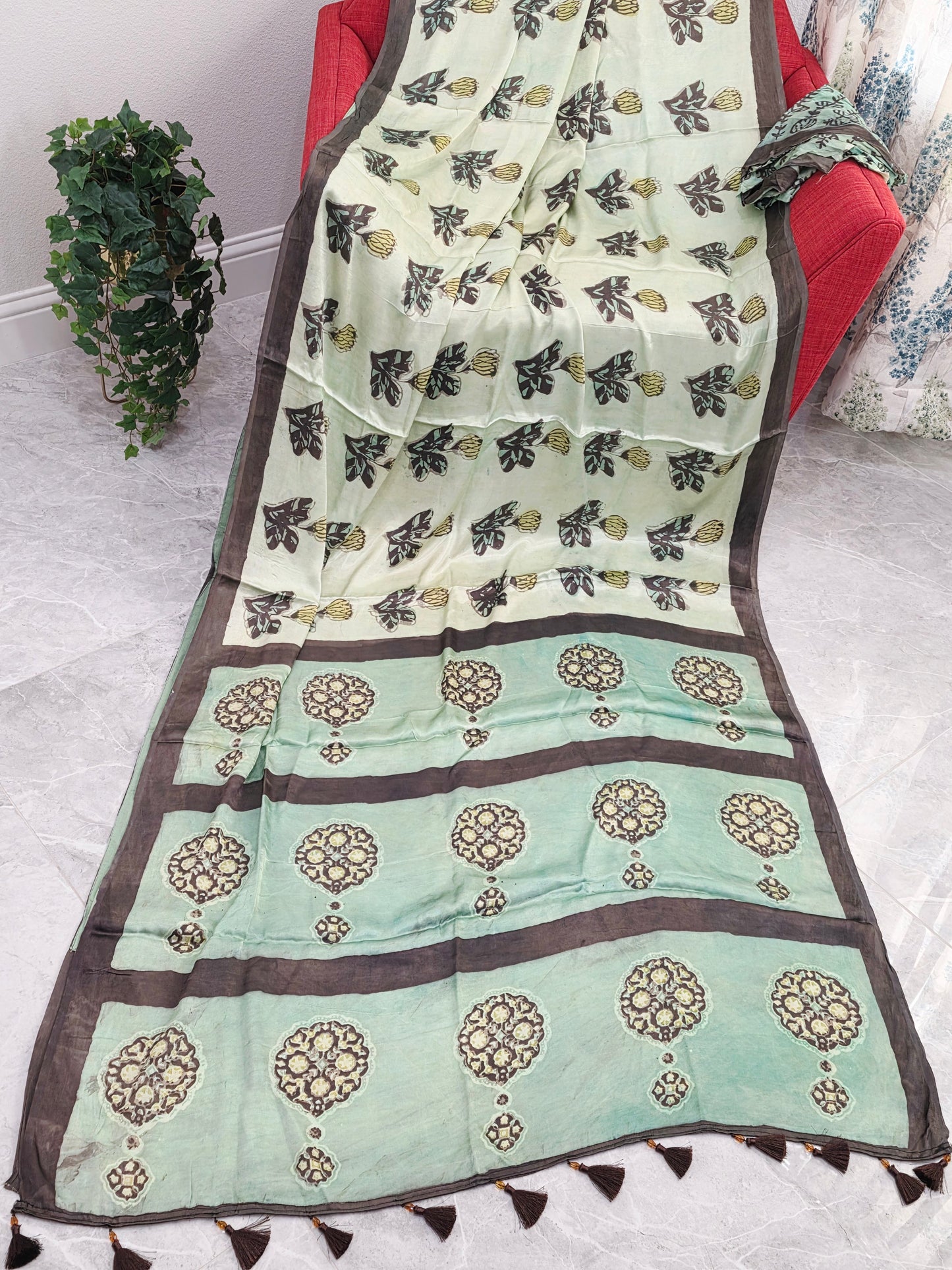 Celadon Sage Elegance Ajrakh Print Soft Satin Modal Saree with Mocha Brown Border | Blouse Piece Included
