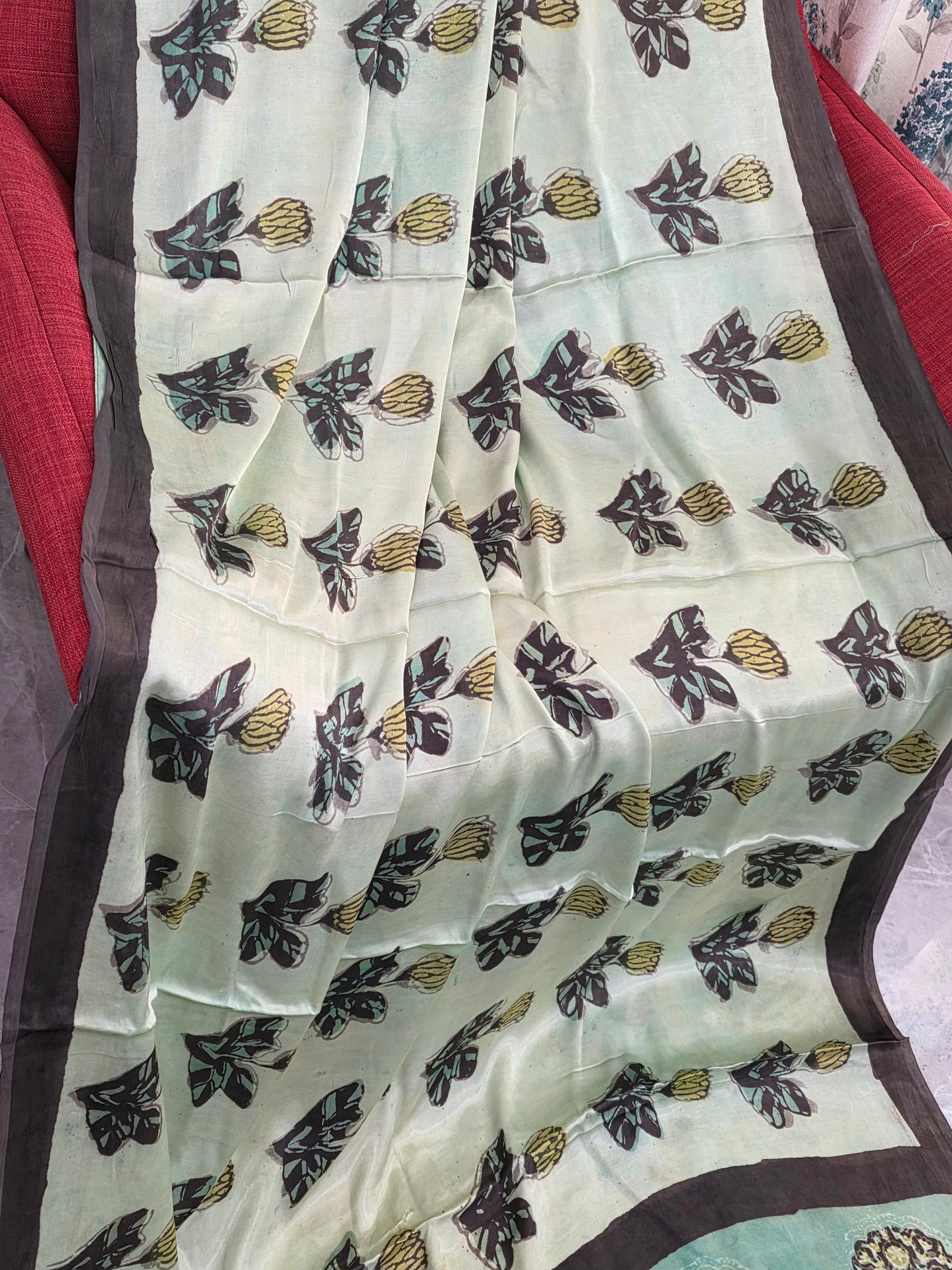 Celadon Sage Elegance Ajrakh Print Soft Satin Modal Saree with Mocha Brown Border | Blouse Piece Included