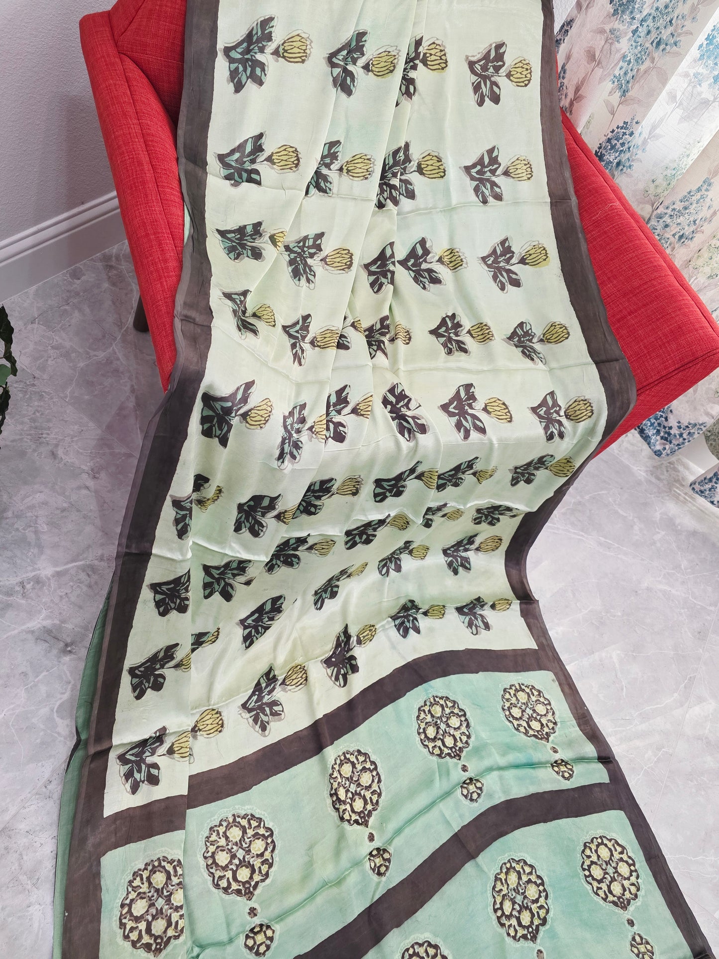 Celadon Sage Elegance Ajrakh Print Soft Satin Modal Saree with Mocha Brown Border | Blouse Piece Included