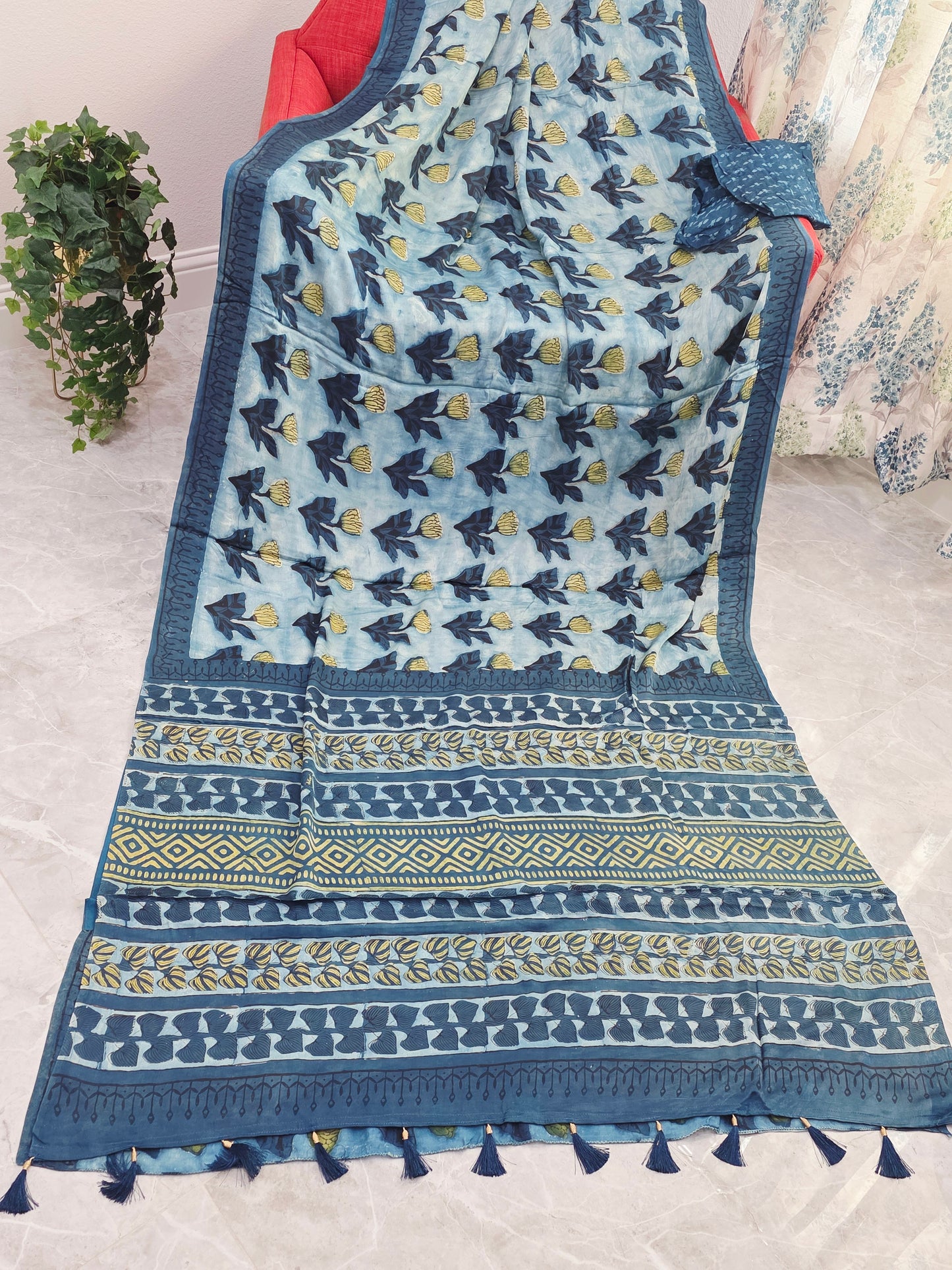 Azure Indigo Serenity Ajrakh Print Soft Satin Modal Saree with Blouse Piece