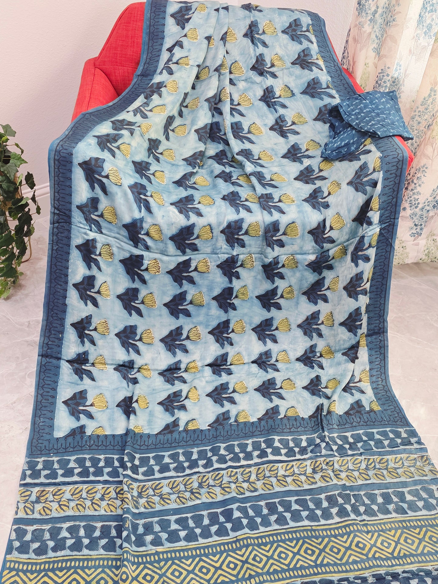 Azure Indigo Serenity Ajrakh Print Soft Satin Modal Saree with Blouse Piece