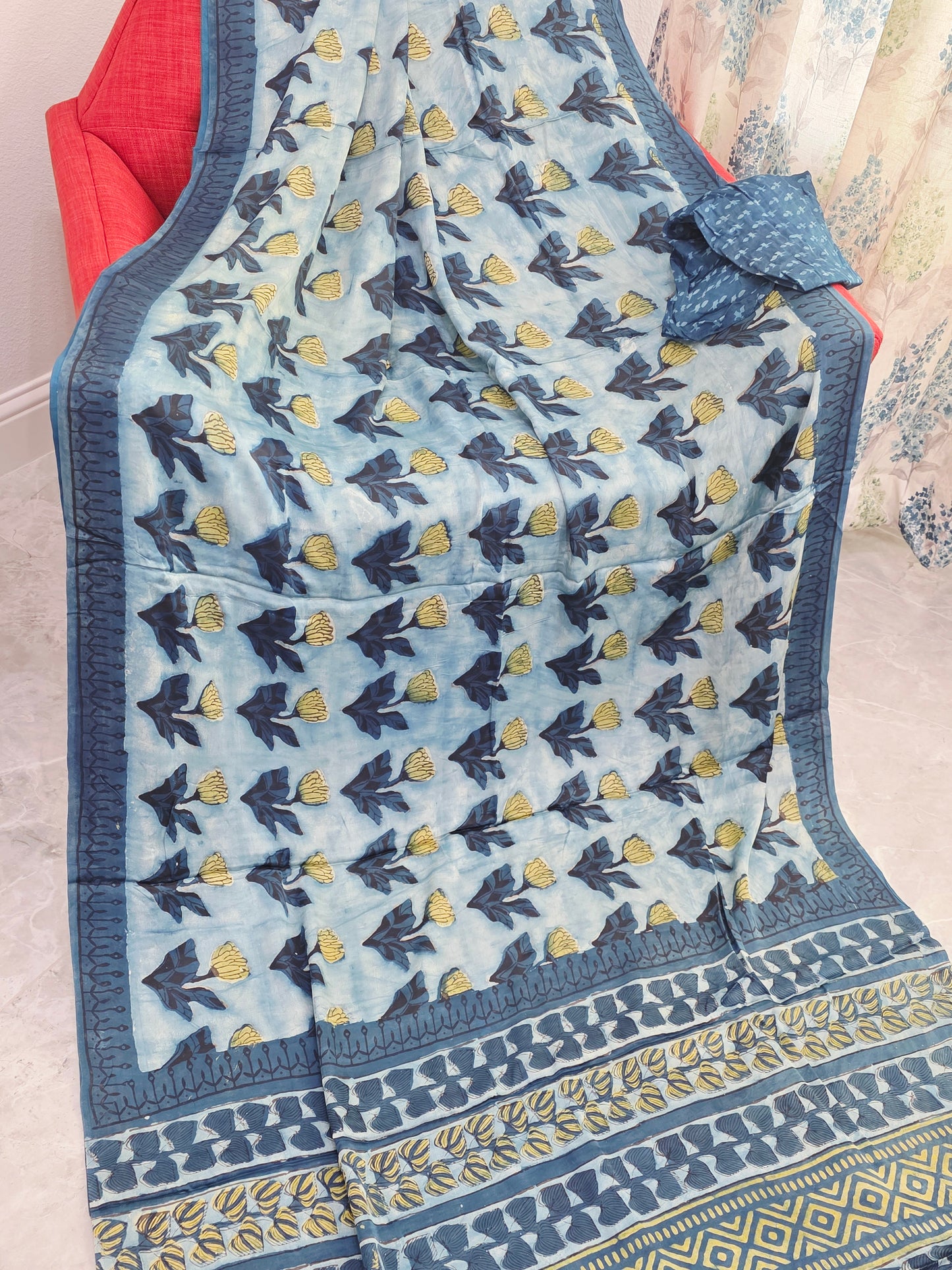 Azure Indigo Serenity Ajrakh Print Soft Satin Modal Saree with Blouse Piece