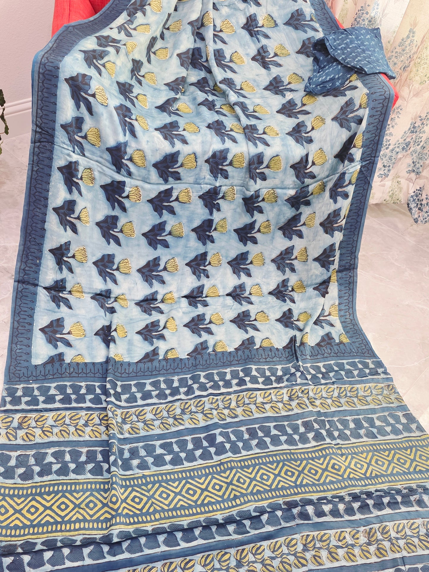 Azure Indigo Serenity Ajrakh Print Soft Satin Modal Saree with Blouse Piece