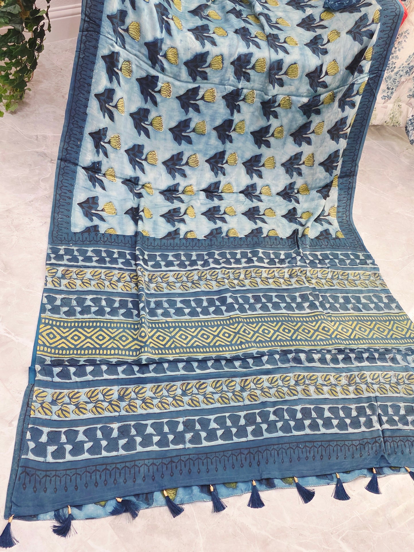 Azure Indigo Serenity Ajrakh Print Soft Satin Modal Saree with Blouse Piece