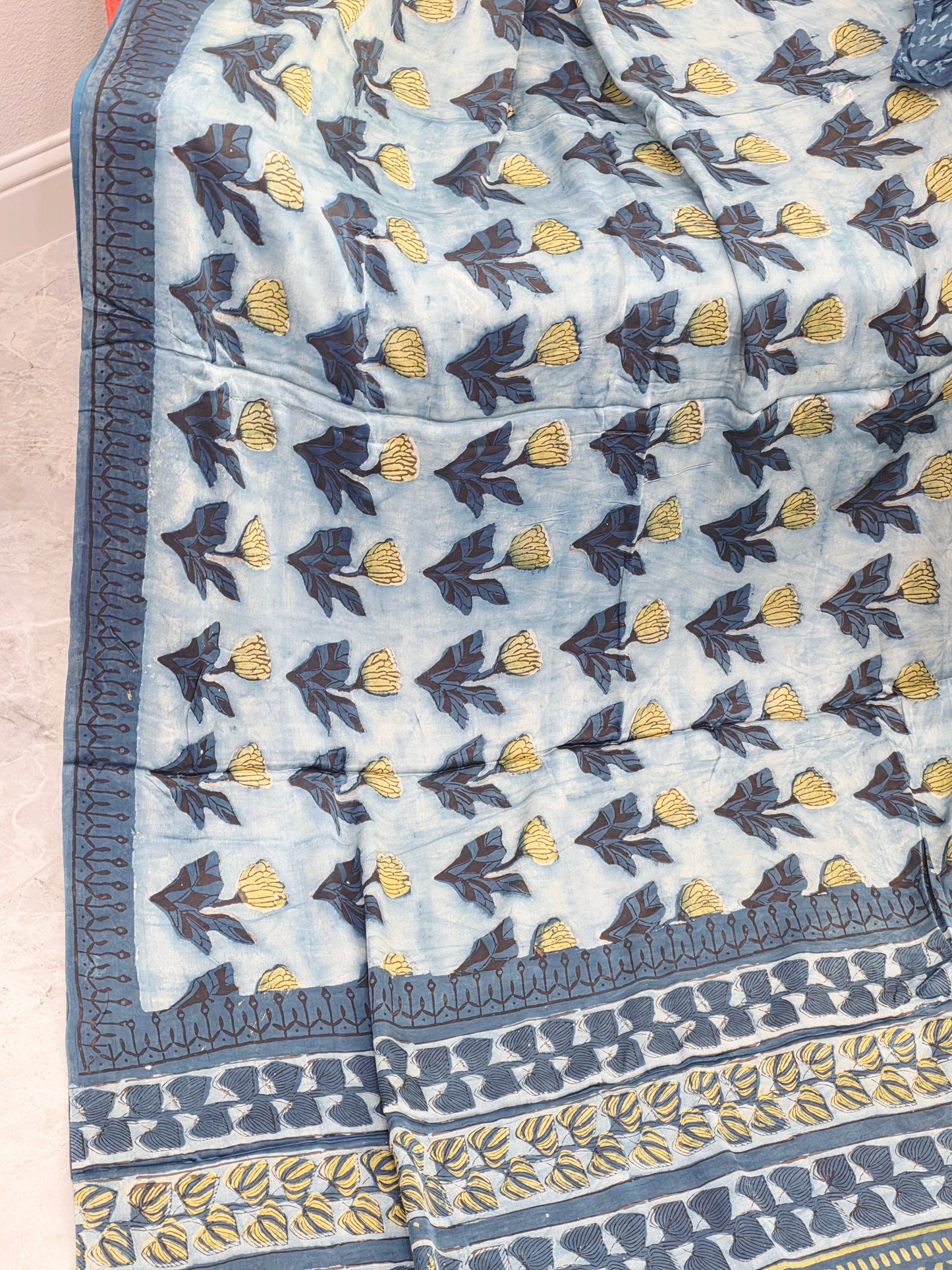 Azure Indigo Serenity Ajrakh Print Soft Satin Modal Saree with Blouse Piece