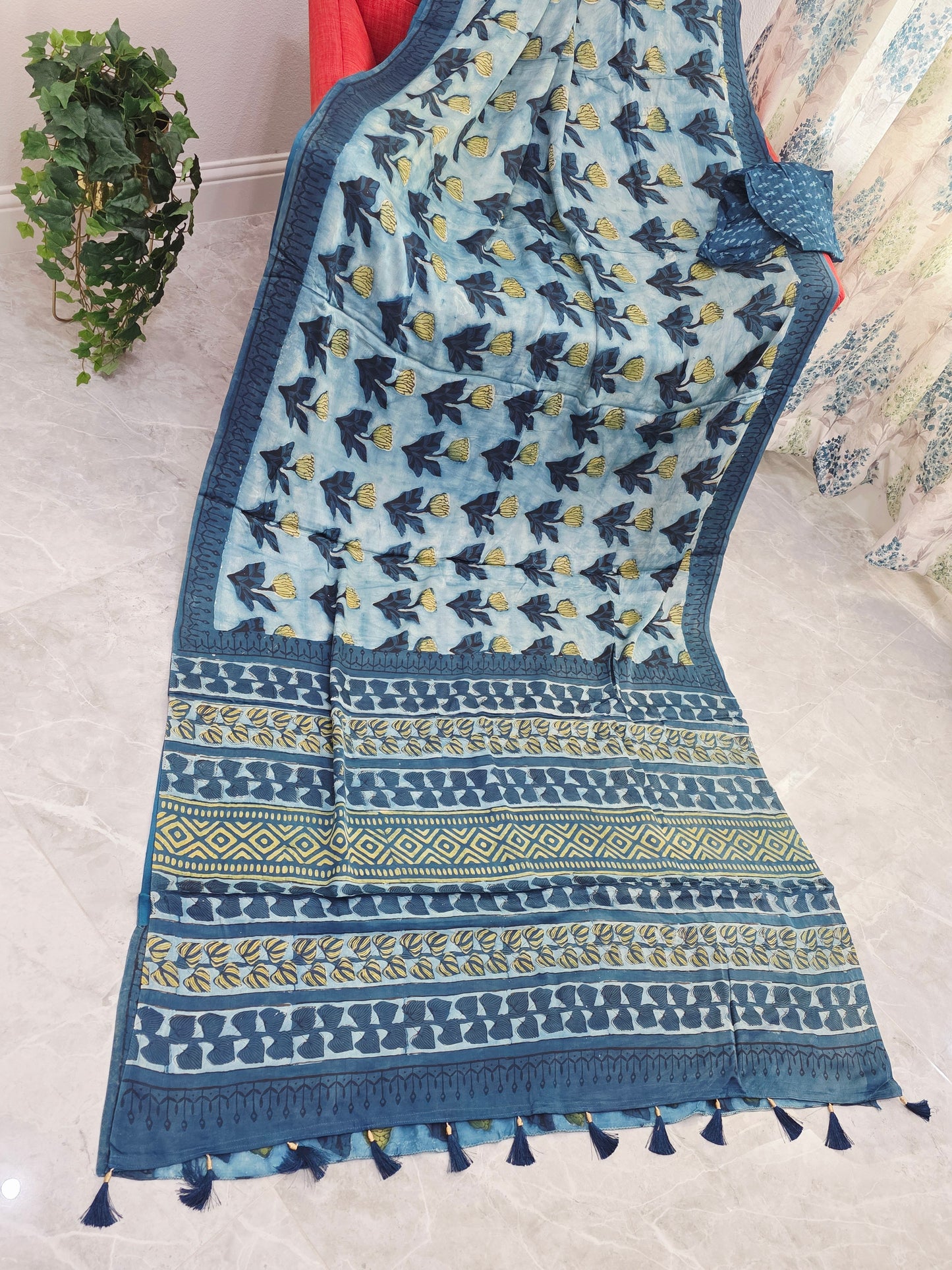 Azure Indigo Serenity Ajrakh Print Soft Satin Modal Saree with Blouse Piece