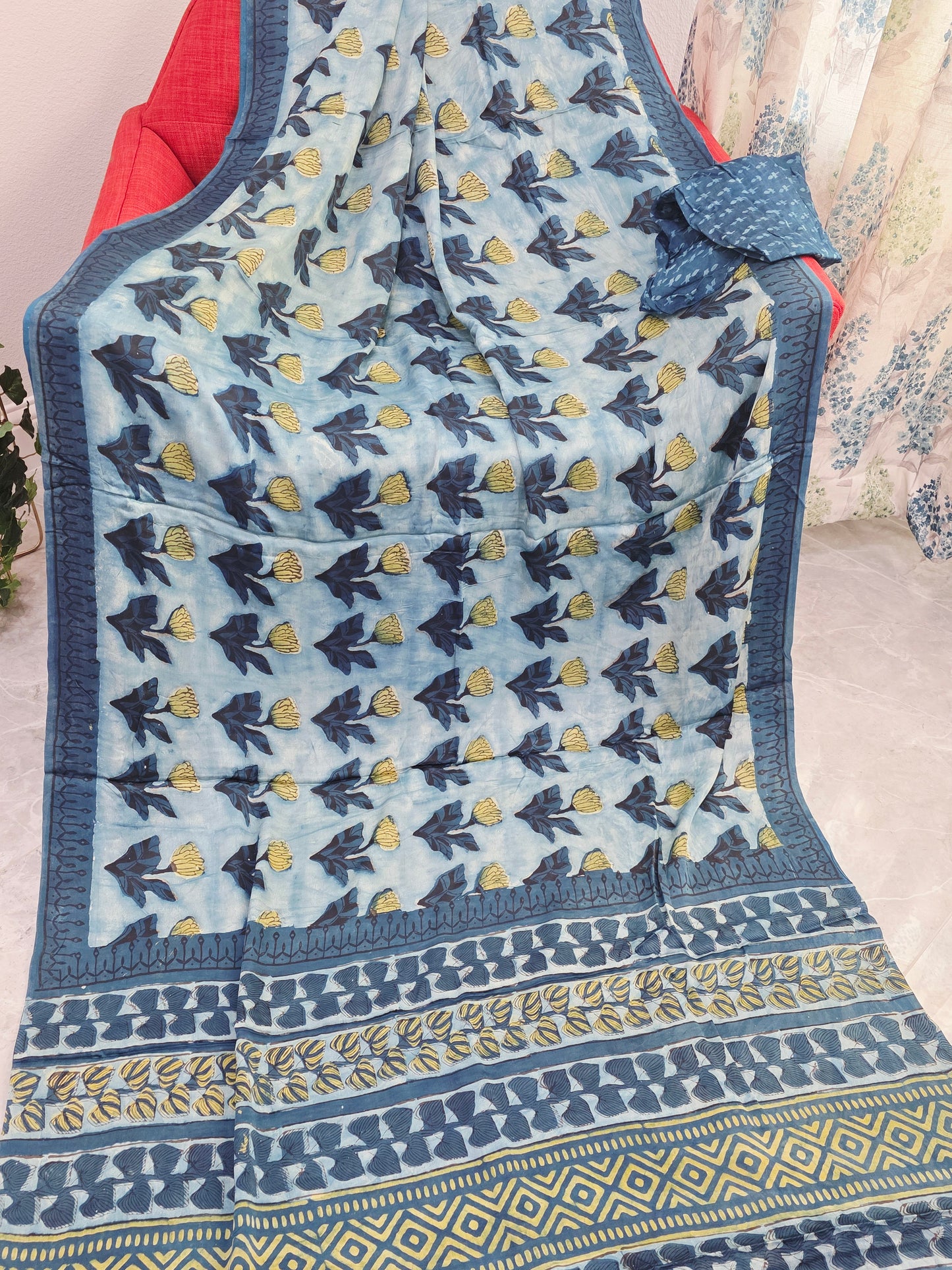 Azure Indigo Serenity Ajrakh Print Soft Satin Modal Saree with Blouse Piece