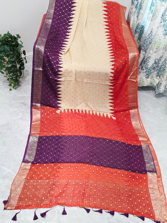 Royal Amethyst Sunset Shaded Chinon Chiffon Checkered Saree with Blouse Piece
