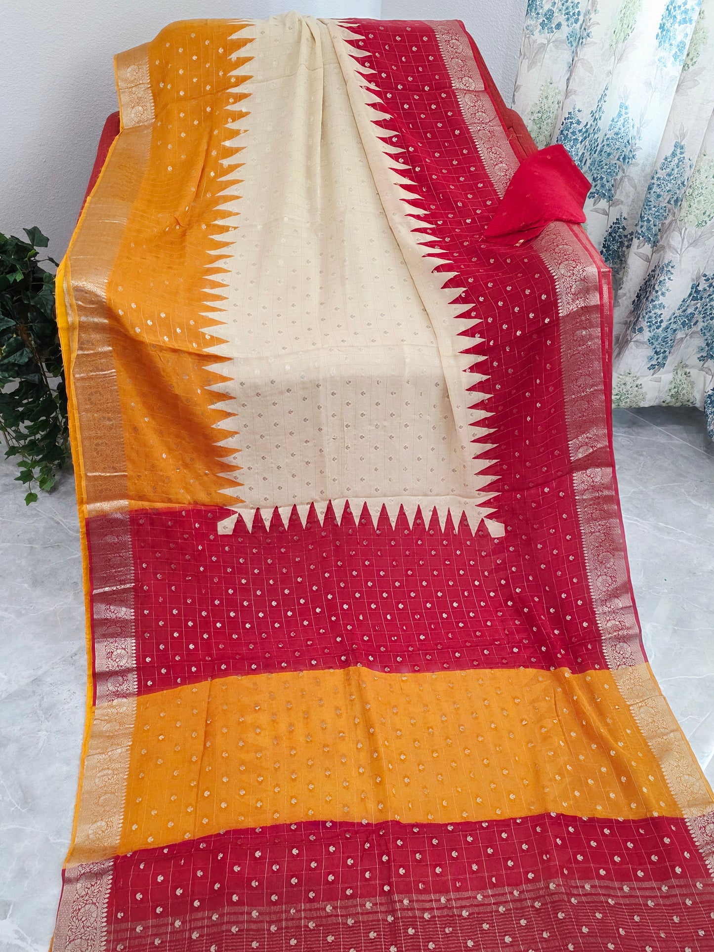 Saffron Gold & Crimson Ruby Shaded Chinon Chiffon Checkered Saree with Ivory Pearl Highlights