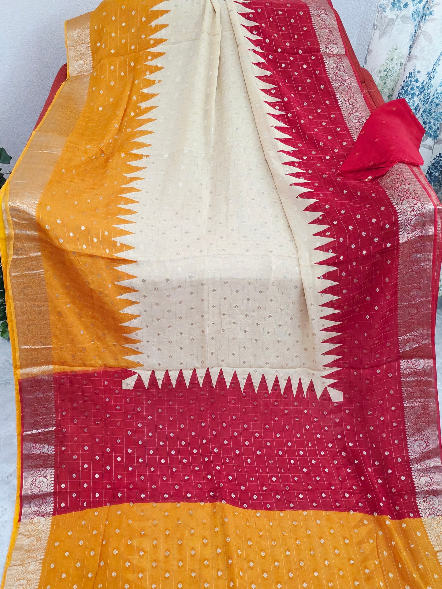 Saffron Gold & Crimson Ruby Shaded Chinon Chiffon Checkered Saree with Ivory Pearl Highlights