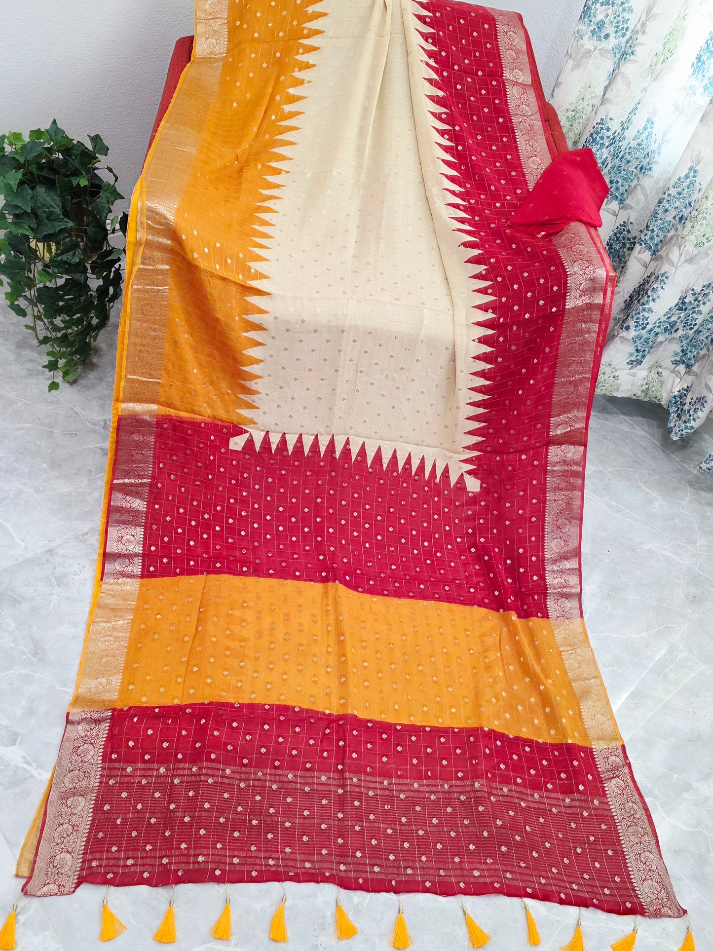 Saffron Gold & Crimson Ruby Shaded Chinon Chiffon Checkered Saree with Ivory Pearl Highlights