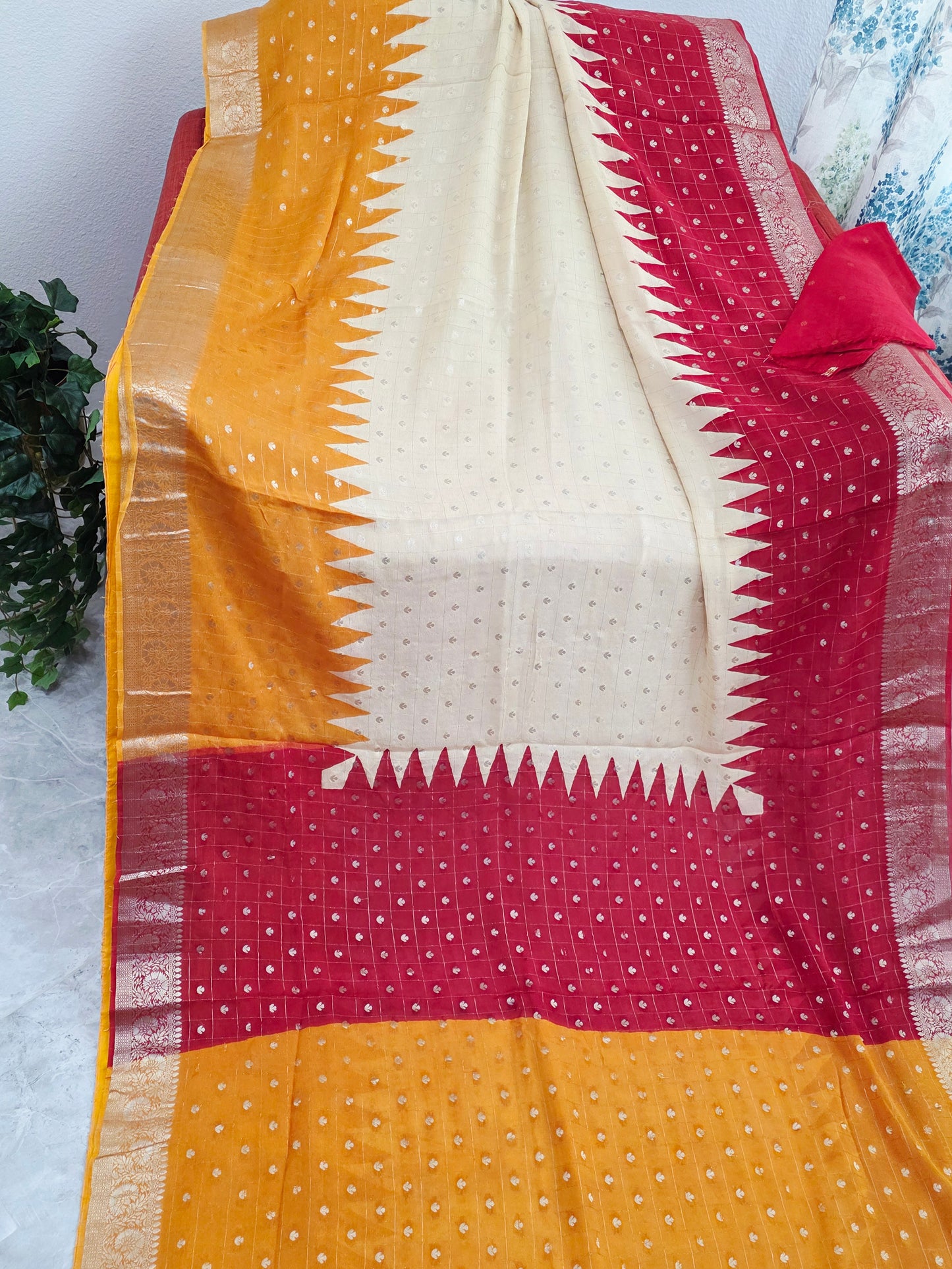 Saffron Gold & Crimson Ruby Shaded Chinon Chiffon Checkered Saree with Ivory Pearl Highlights