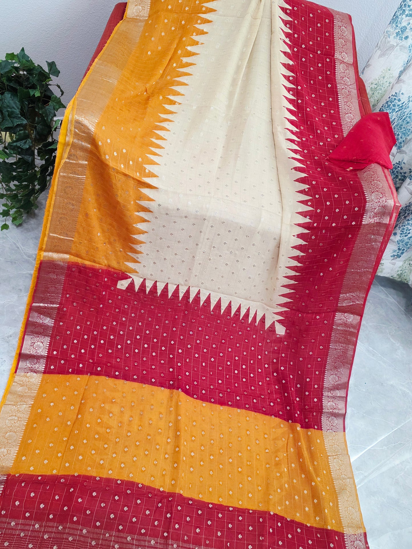 Saffron Gold & Crimson Ruby Shaded Chinon Chiffon Checkered Saree with Ivory Pearl Highlights