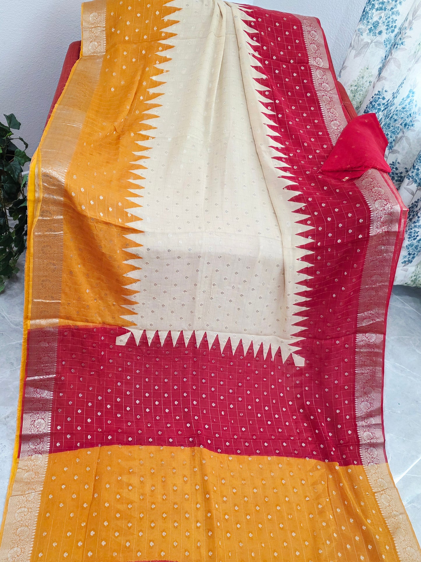 Saffron Gold & Crimson Ruby Shaded Chinon Chiffon Checkered Saree with Ivory Pearl Highlights