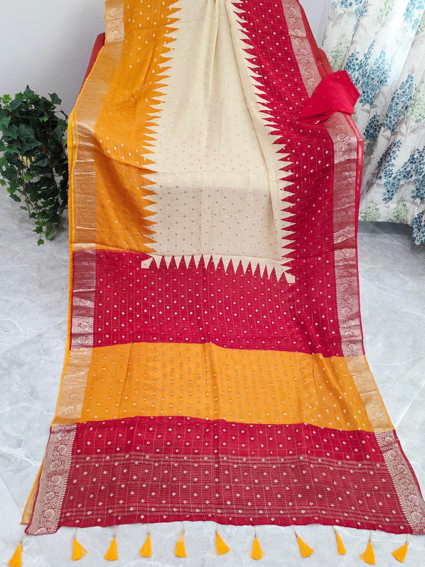 Saffron Gold & Crimson Ruby Shaded Chinon Chiffon Checkered Saree with Ivory Pearl Highlights