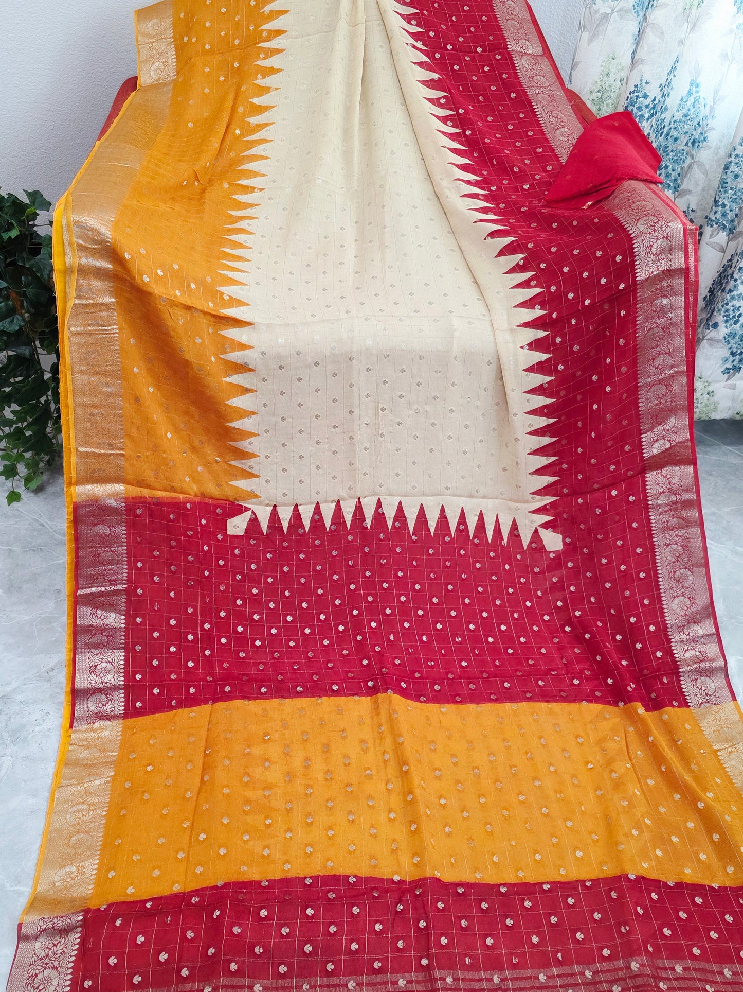 Saffron Gold & Crimson Ruby Shaded Chinon Chiffon Checkered Saree with Ivory Pearl Highlights