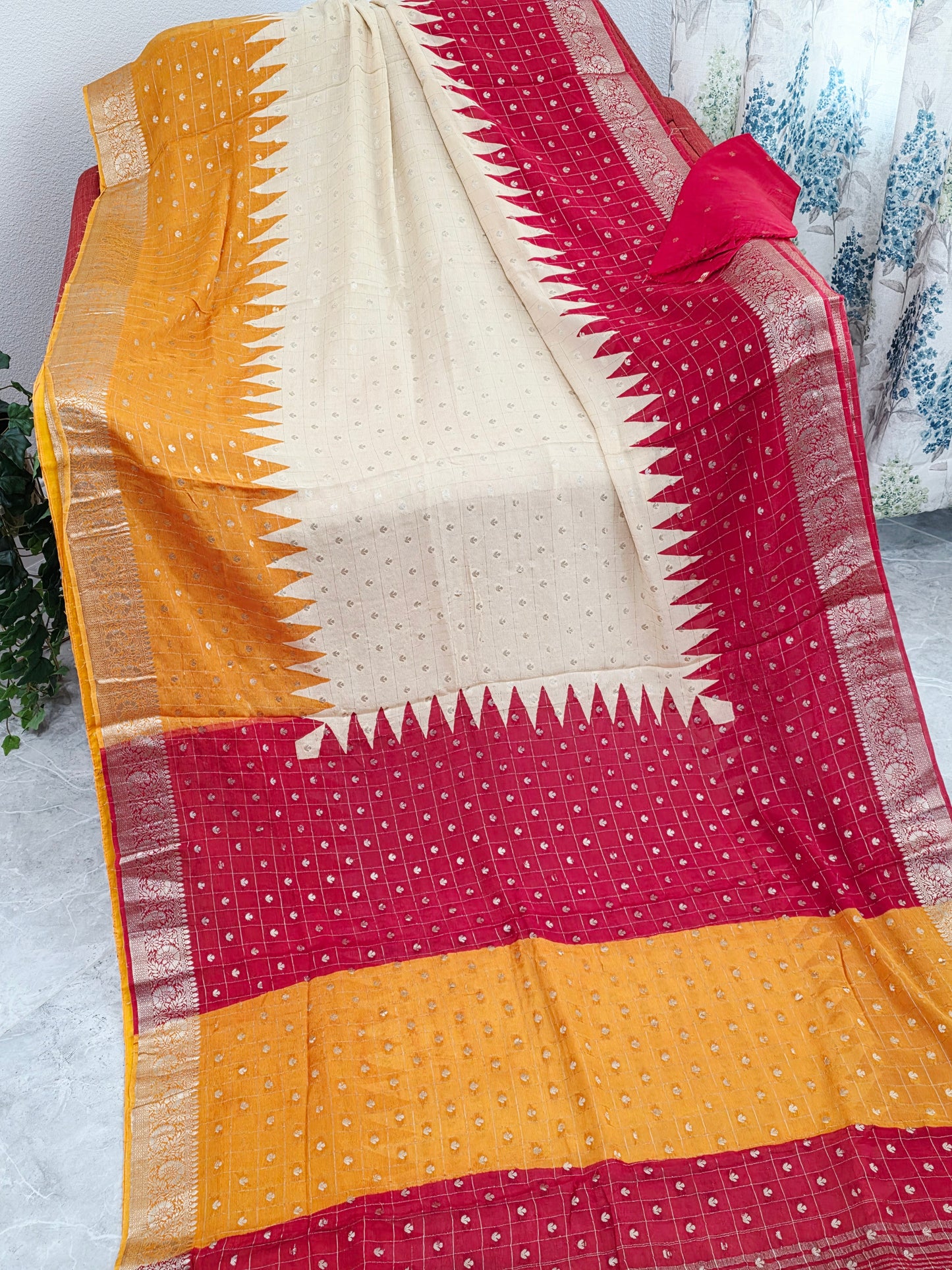 Saffron Gold & Crimson Ruby Shaded Chinon Chiffon Checkered Saree with Ivory Pearl Highlights