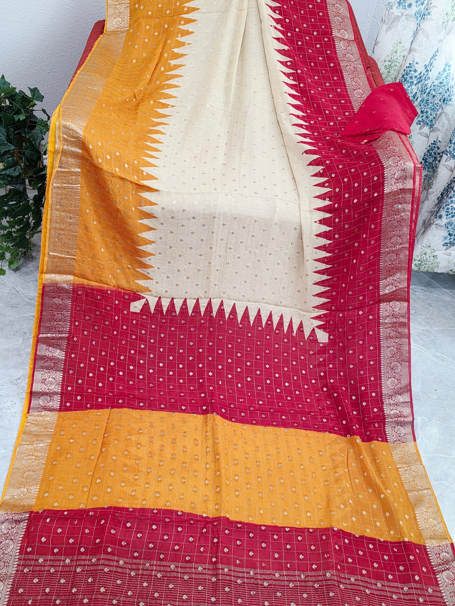 Saffron Gold & Crimson Ruby Shaded Chinon Chiffon Checkered Saree with Ivory Pearl Highlights