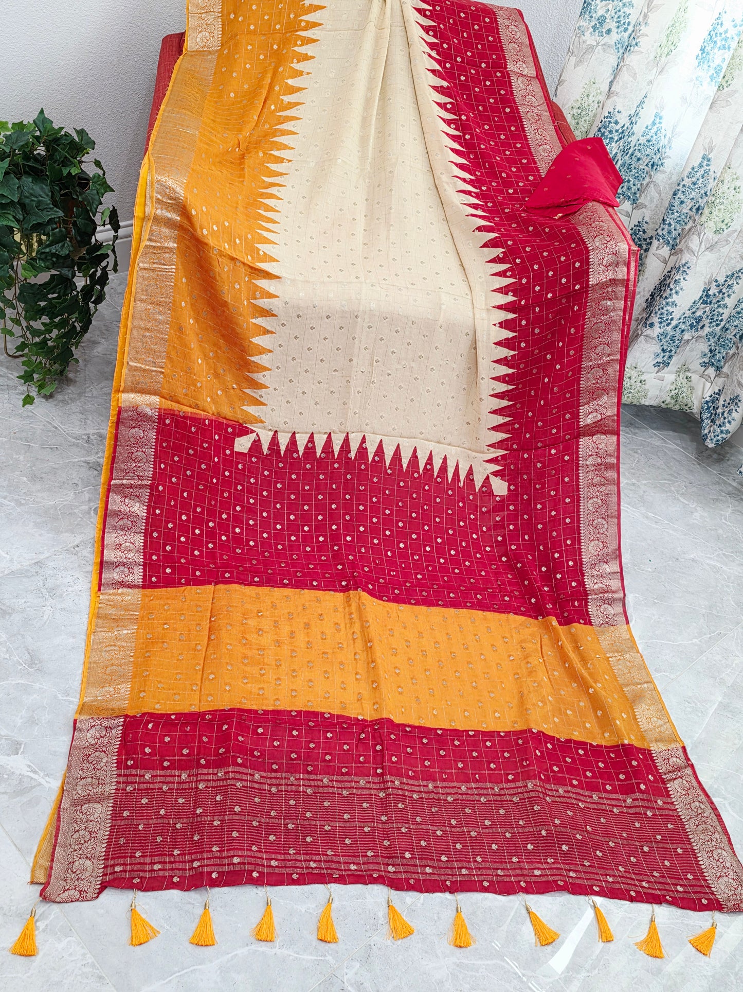 Saffron Gold & Crimson Ruby Shaded Chinon Chiffon Checkered Saree with Ivory Pearl Highlights