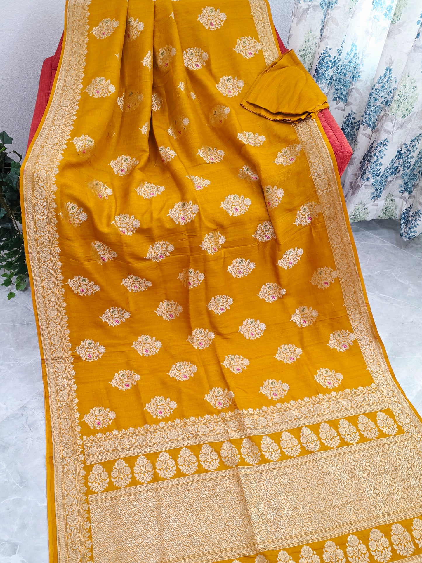 Imperial Mustard Gold Pure Tussar Georgette Saree with Antique Ivory Zari & Maggam Blouse