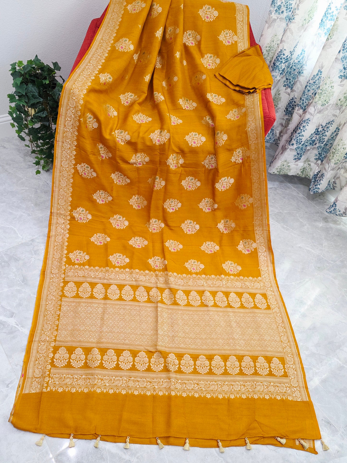 Imperial Mustard Gold Pure Tussar Georgette Saree