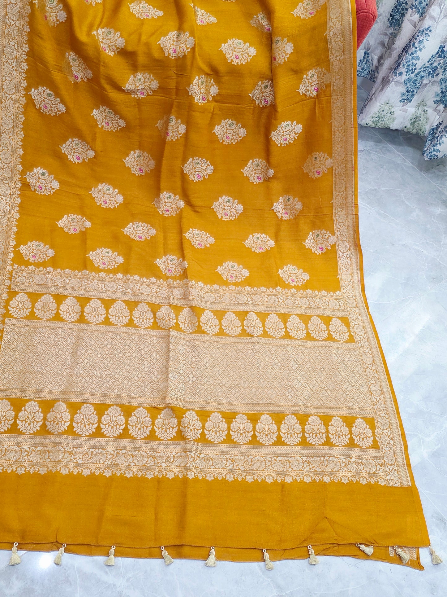 Imperial Mustard Gold Pure Tussar Georgette Saree with Antique Ivory Zari & Maggam Blouse
